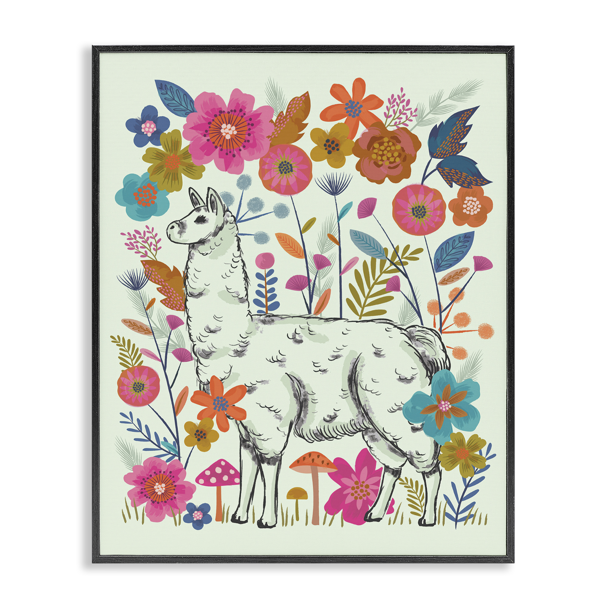 Stupell Industries Llama Among Bright Florals Animals Painting Black Framed Art Print Wall Art, 24 x 30