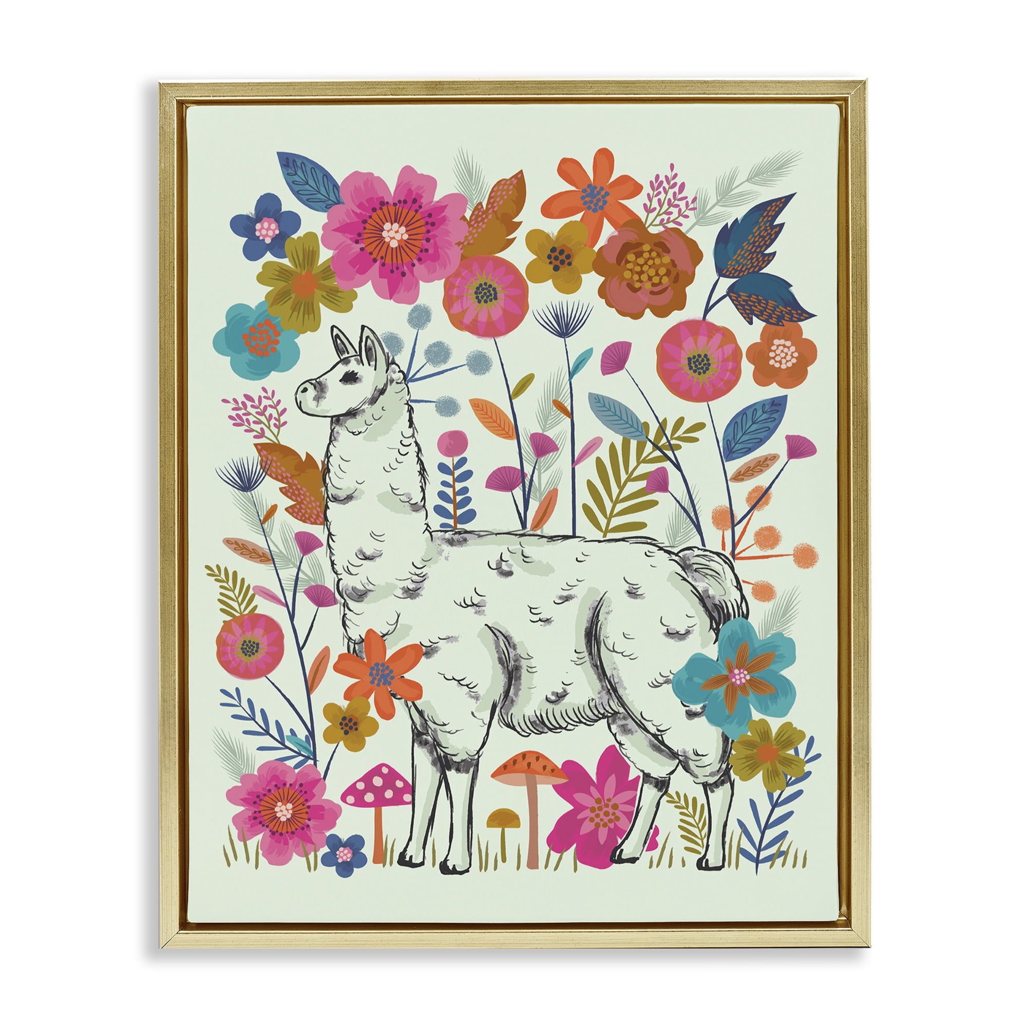 Stupell Industries Llama Among Bright Florals Animals Painting Gold Floater Framed Canvas Art Print Wall Art, 17 x 21