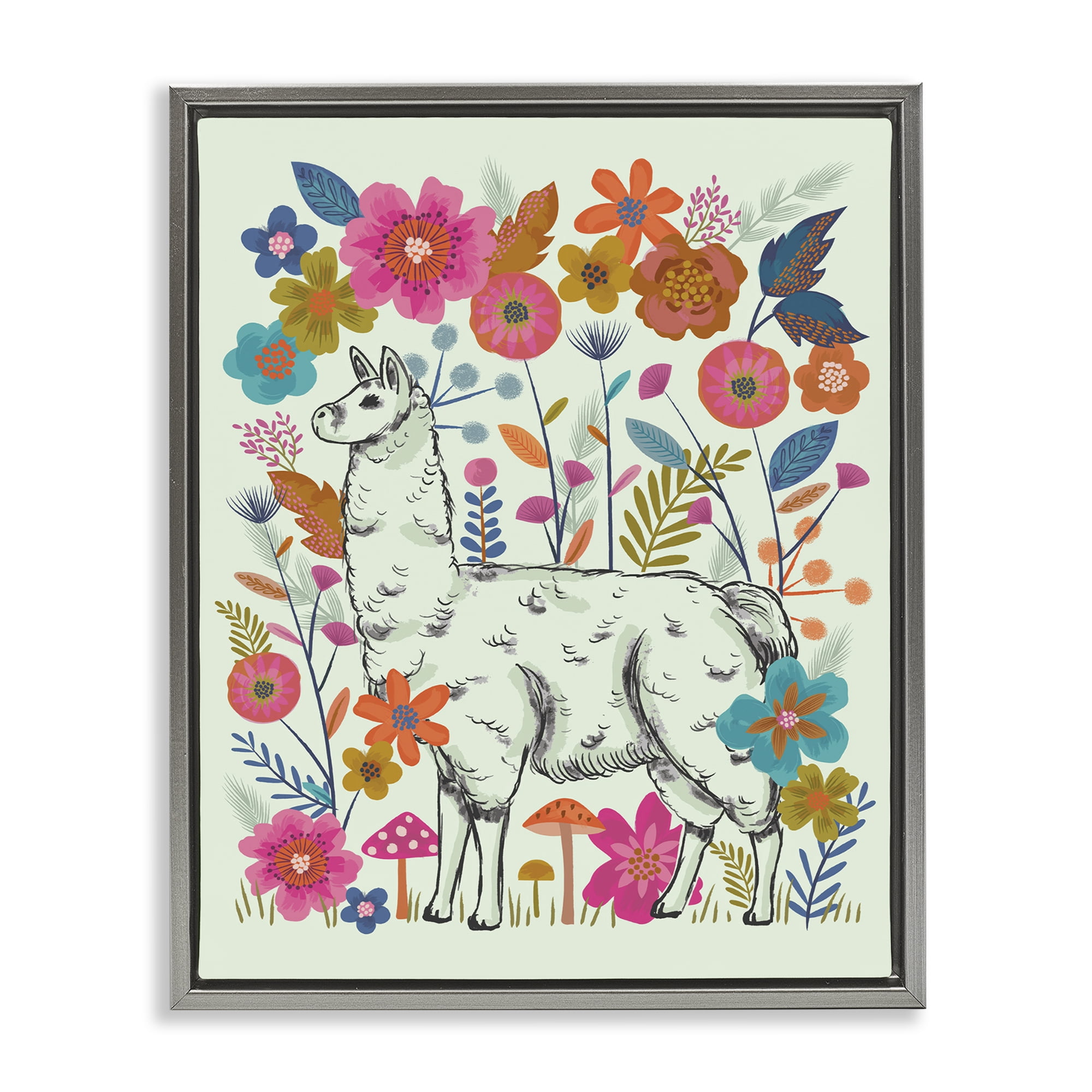 Stupell Industries Llama Among Bright Florals Animals Painting Gray Floater Framed Canvas Art Print Wall Art, 25 x 31