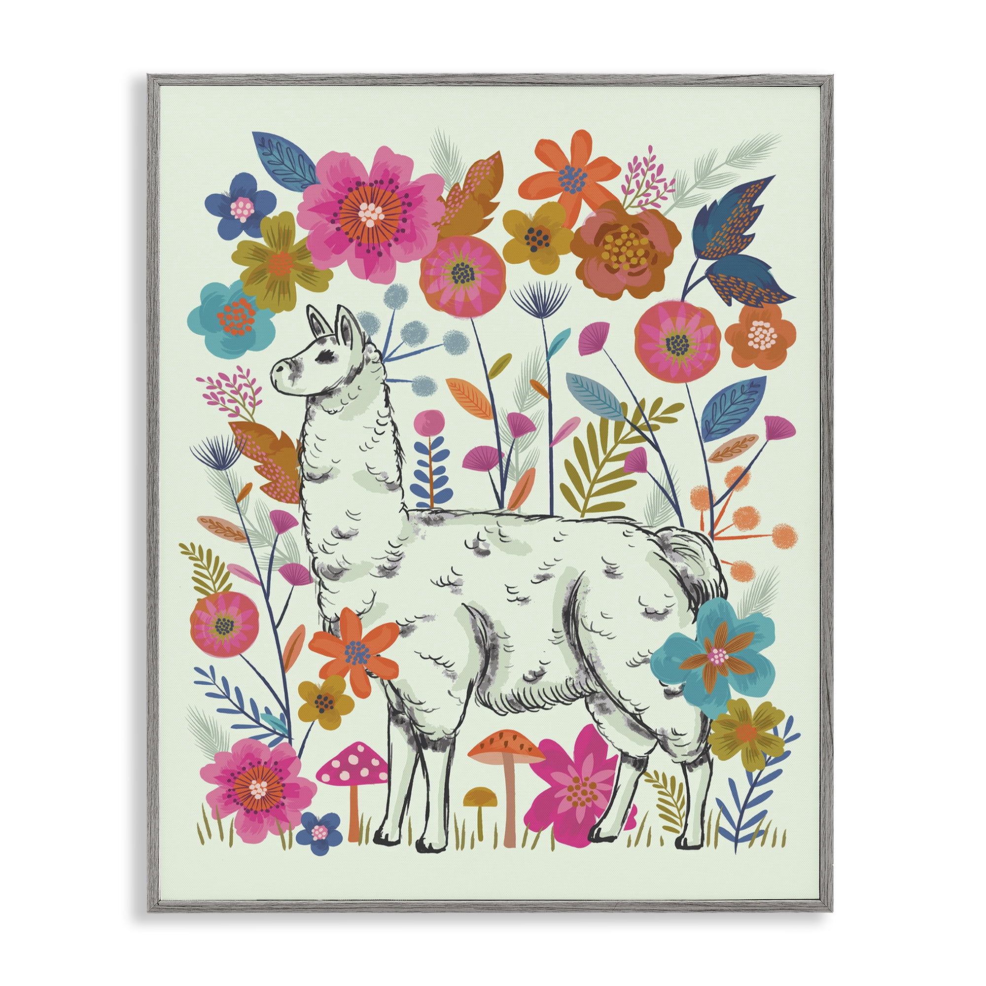Stupell Industries Llama Among Bright Florals Animals Painting Gray Framed Art Print Wall Art, 16 x 20