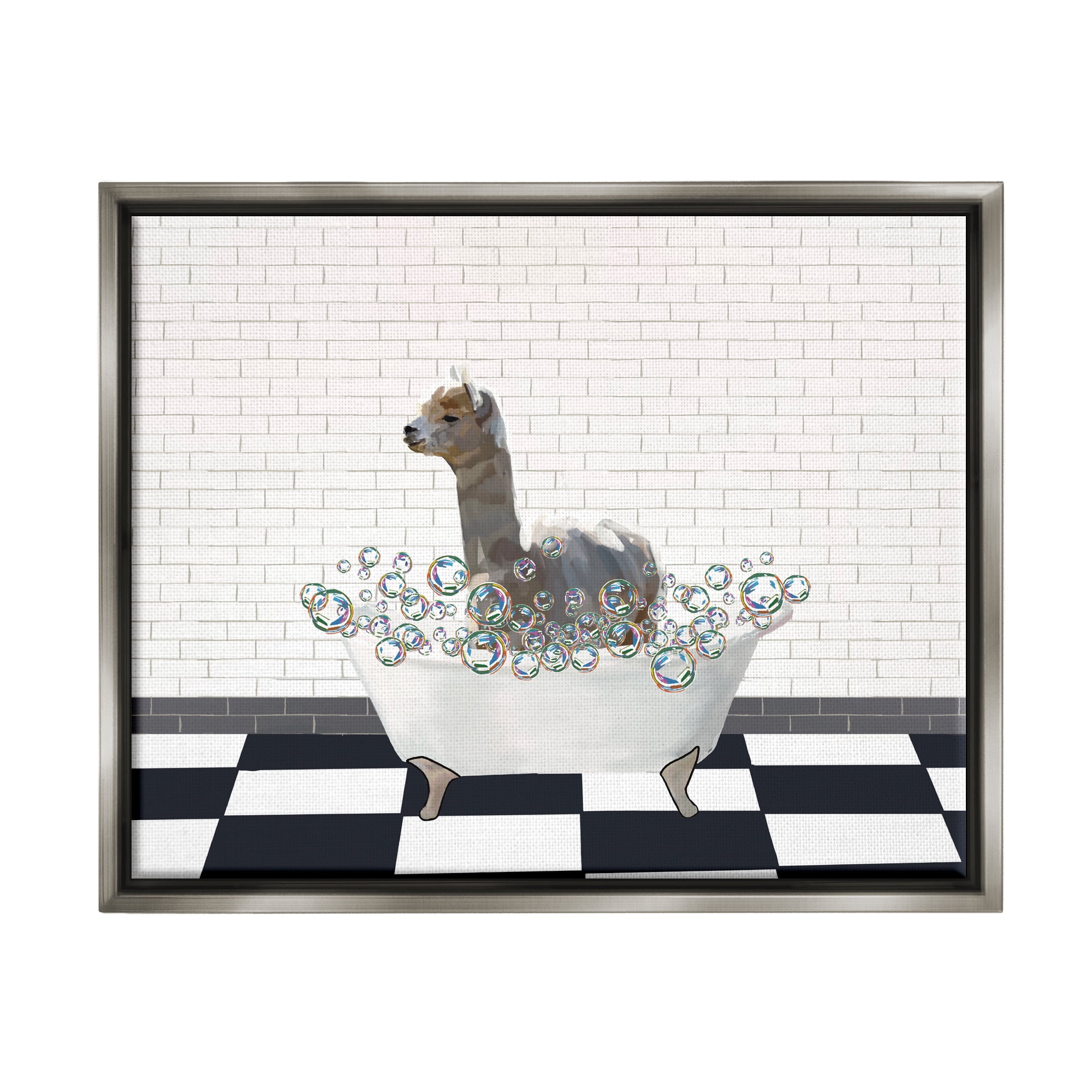 Stupell Industries Llama Bathroom Tub Animals & Insects Painting Gray Floater Framed Art Print Wall Art, 21 x 17