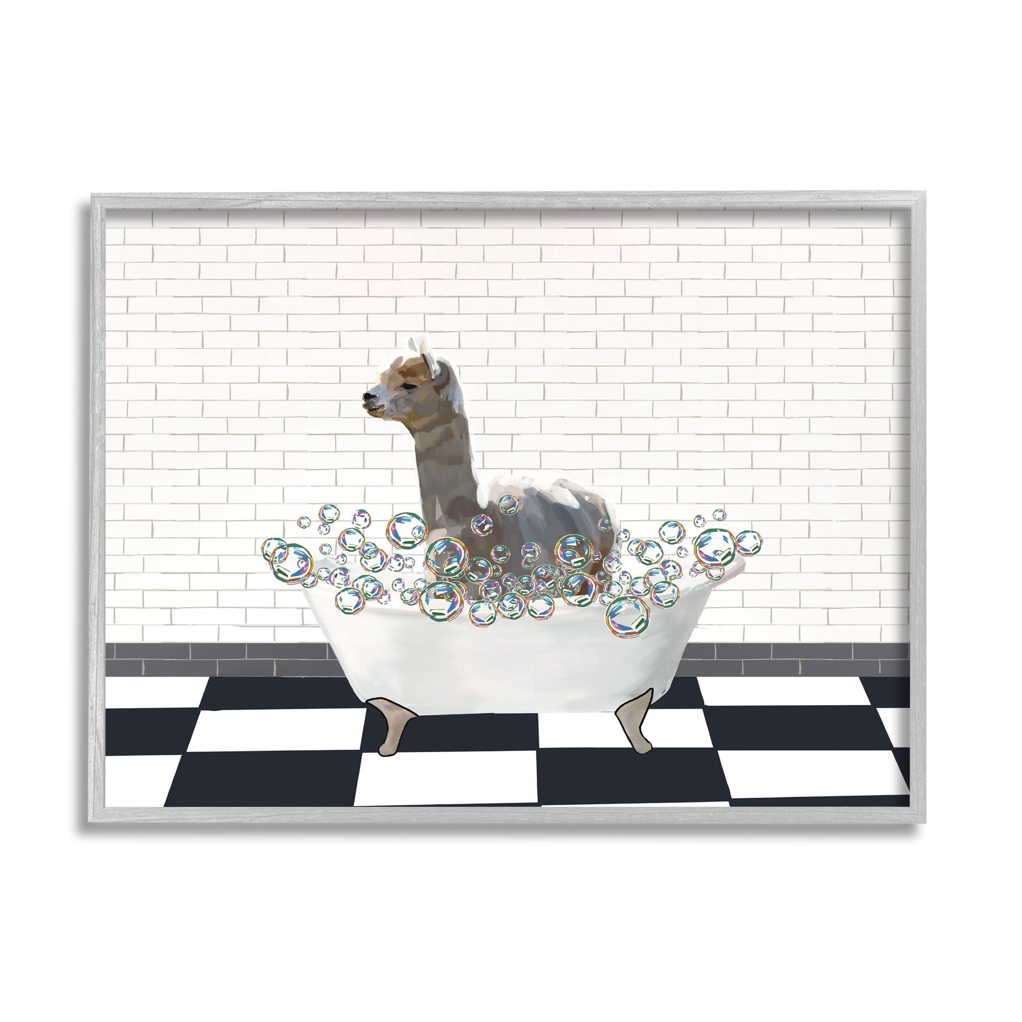 Stupell Industries Llama Bathroom Tub Animals & Insects Painting Gray Framed Art Print Wall Art, 20 x 16