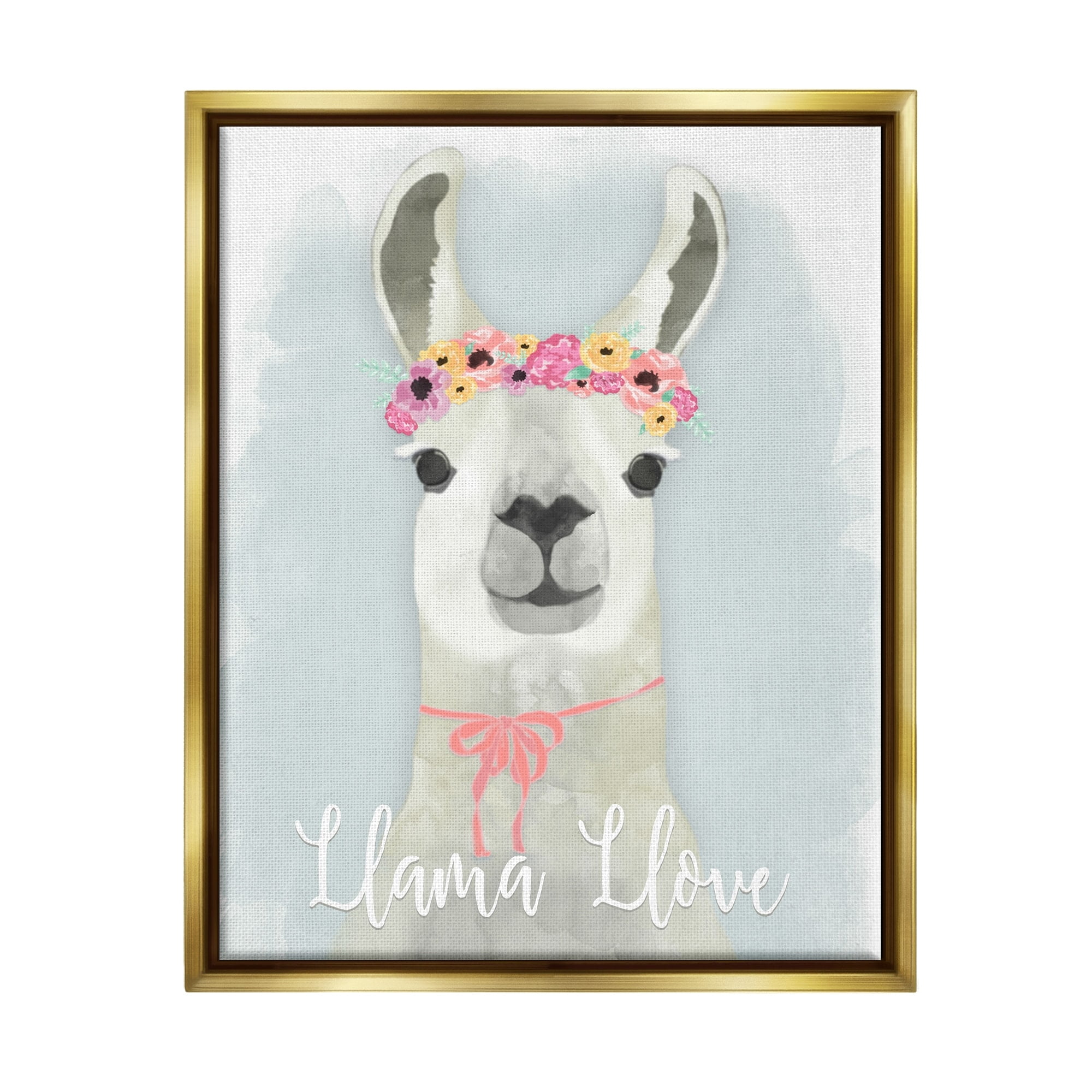 Stupell Industries Llama Love Pink Flower Tiara Metallic Gold Framed Floating Canvas Wall Art, 24x30, by Jessica Mundo