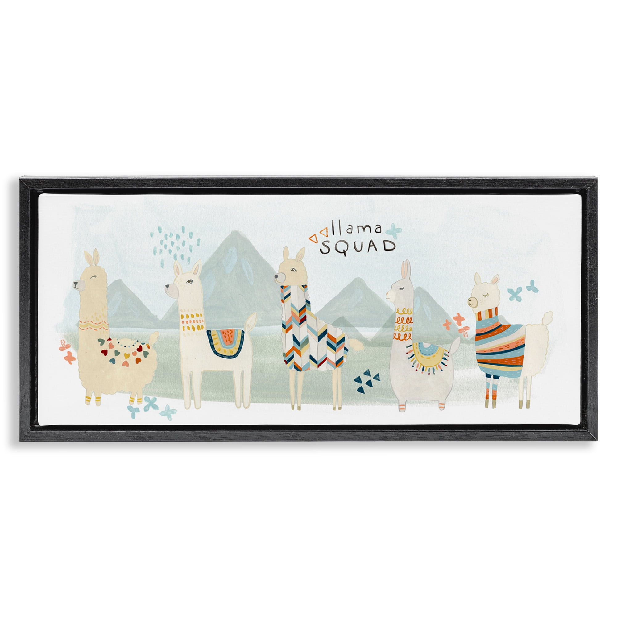 Stupell Industries Llama Squad Whimsical Patterns Animals & Insects Painting Black Floater Framed Canvas Art Print Wall Art, 25 x 11