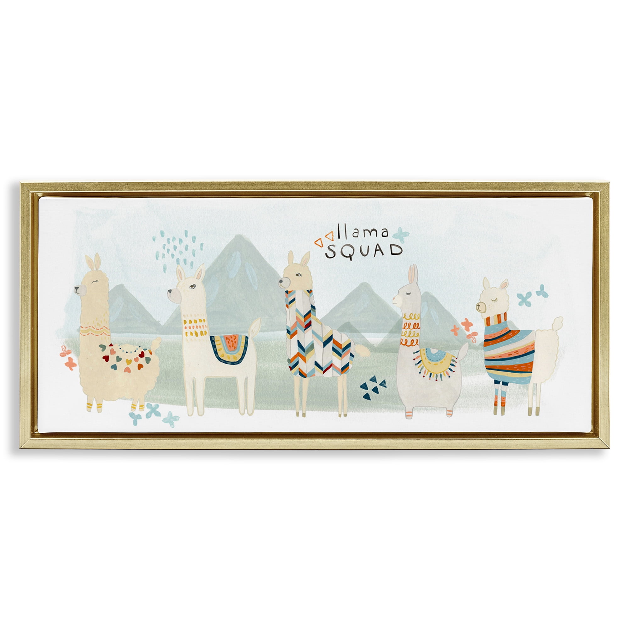 Stupell Industries Llama Squad Whimsical Patterns Animals & Insects Painting Gold Floater Framed Canvas Art Print Wall Art, 31 x 14