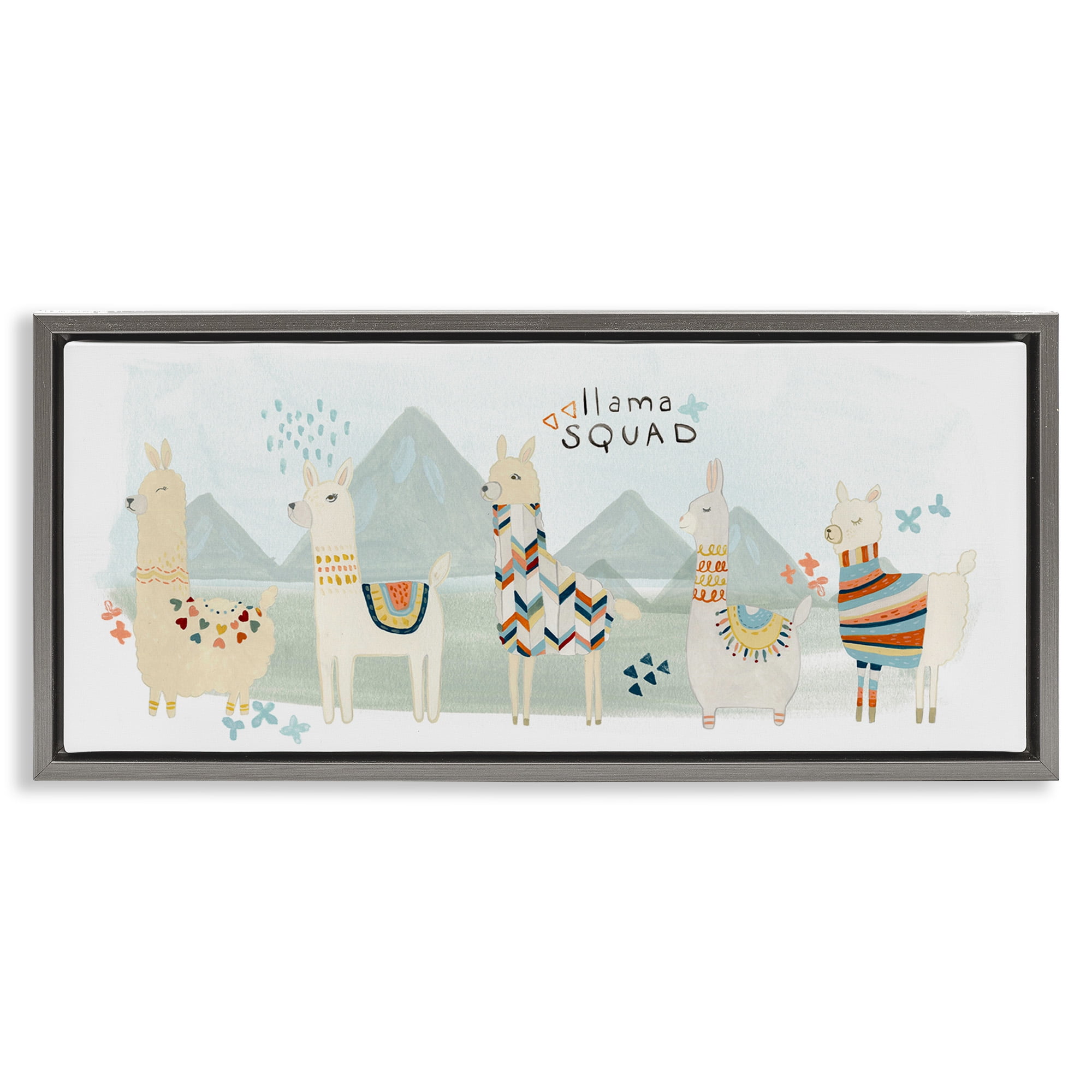 Stupell Industries Llama Squad Whimsical Patterns Animals & Insects Painting Gray Floater Framed Canvas Art Print Wall Art, 31 x 14