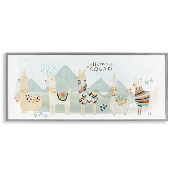 Stupell Industries Llama Squad Whimsical Patterns Animals & Insects Painting Gray Framed Art Print Wall Art, 24 x 10