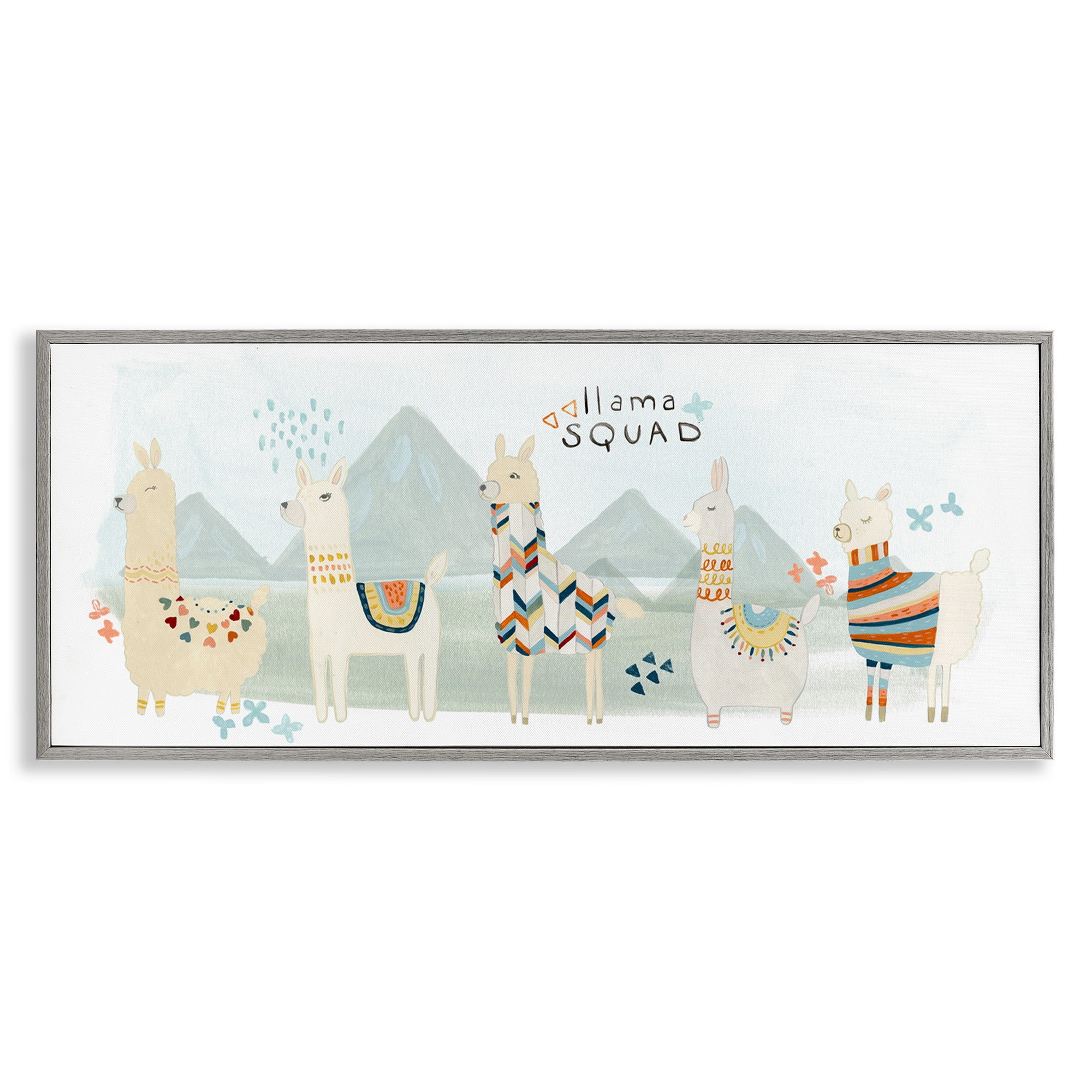 Stupell Industries Llama Squad Whimsical Patterns Animals & Insects Painting Gray Framed Art Print Wall Art, 30 x 13