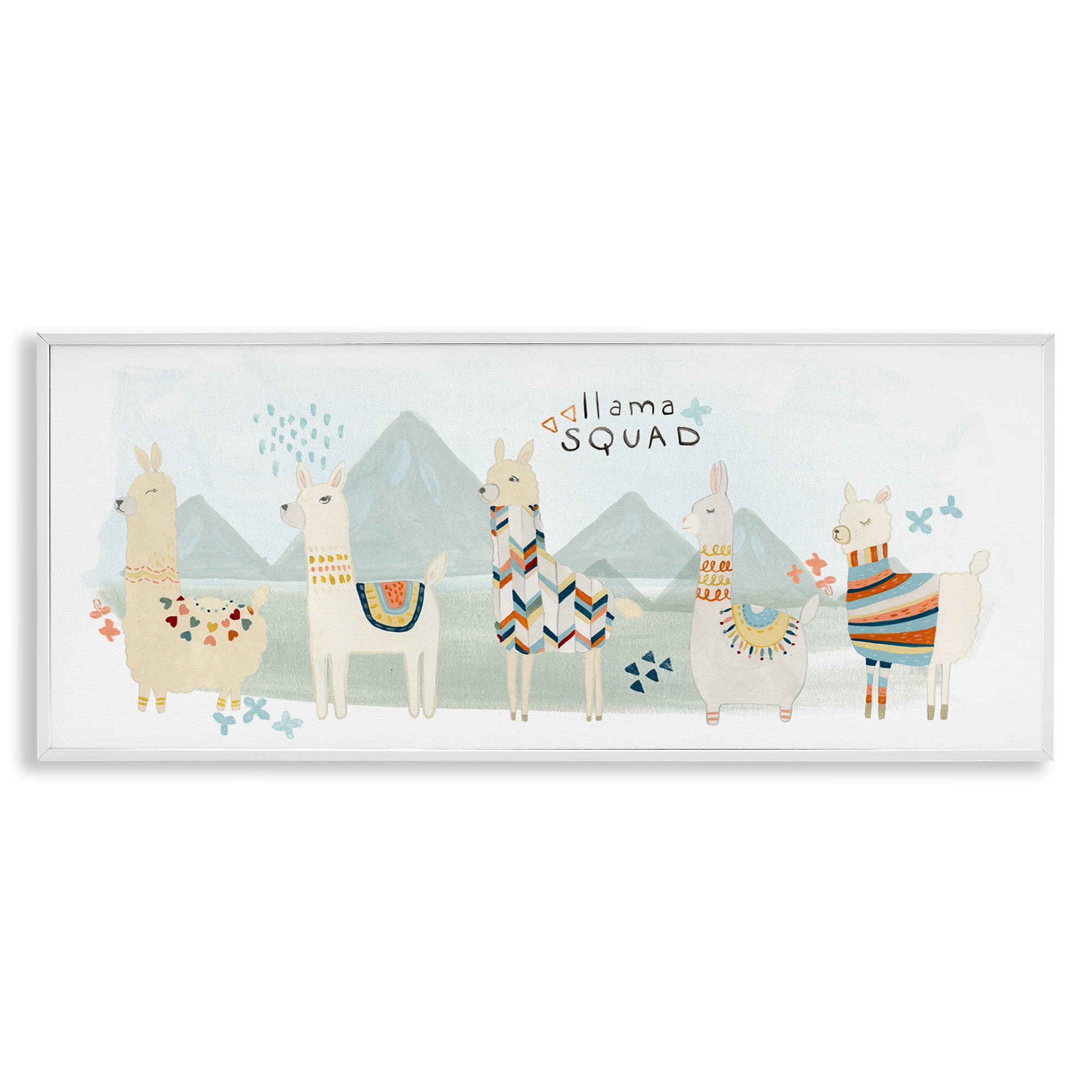 Stupell Industries Llama Squad Whimsical Patterns Animals & Insects Painting White Framed Art Print Wall Art, 30 x 13