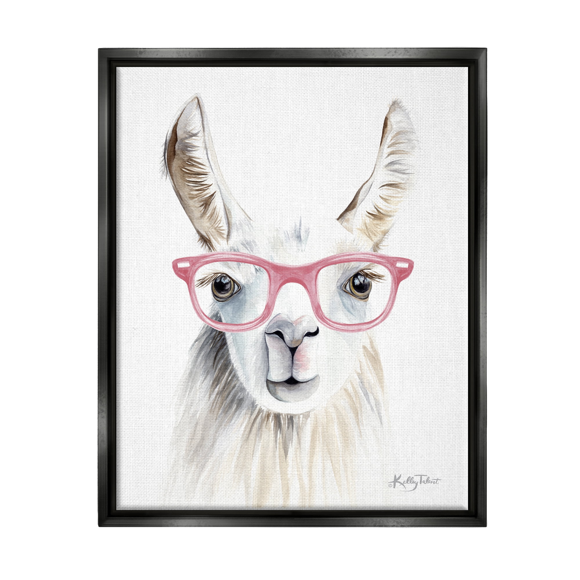 Stupell Industries Llama Wearing Pink Glasses Casual Animal Portrait Painting Jet Black Floating Framed Canvas Print Wall Art, Design by Kelley Talent
