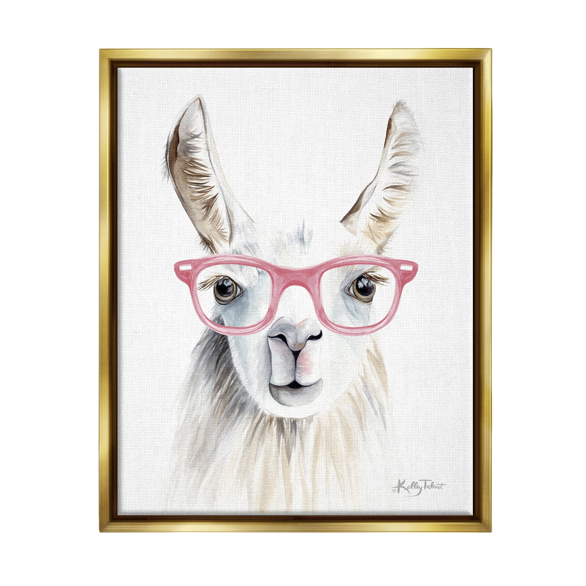 Stupell Industries Llama Wearing Pink Glasses Casual Animal Portrait Painting Metallic Gold Floating Framed Canvas Print Wall Art, Design by Kelley Talent