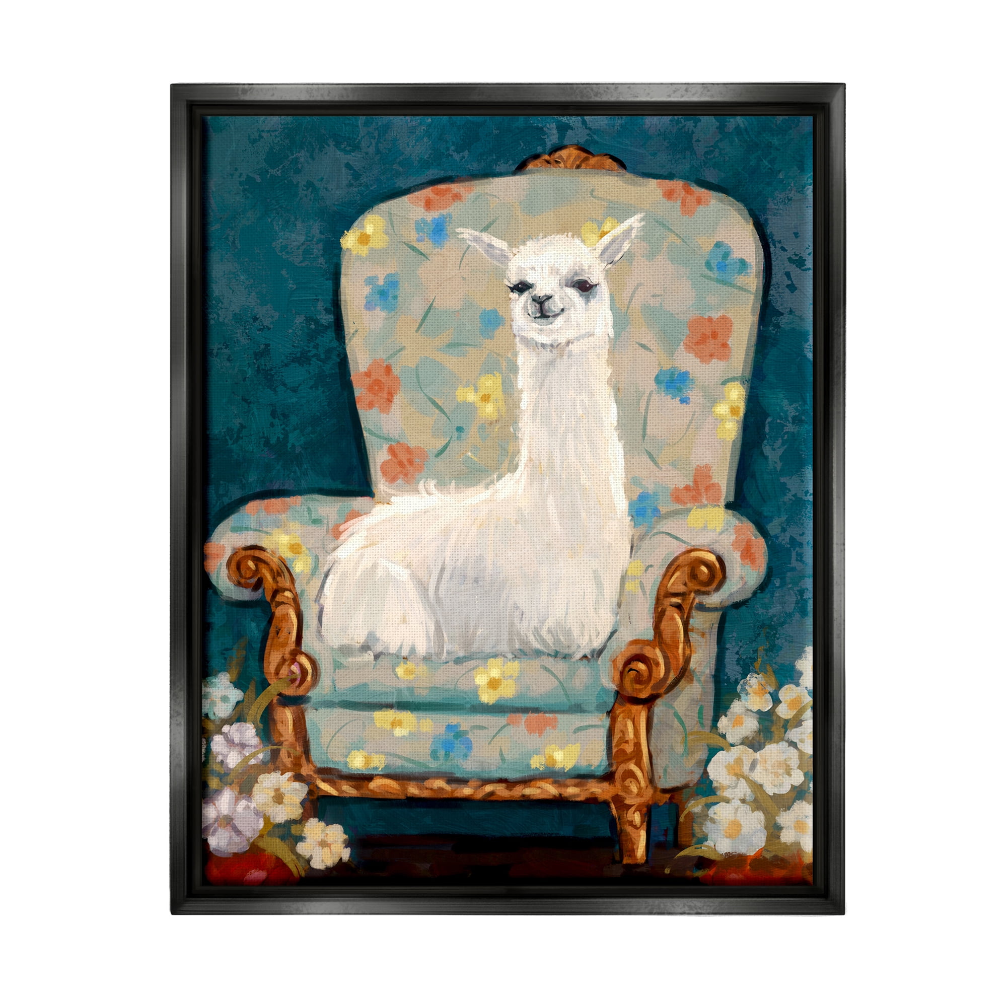 Stupell Industries Llama on Floral Armchair Animals & Insects Painting Black Floater Framed Canvas Art Print Wall Art, 17 x 21