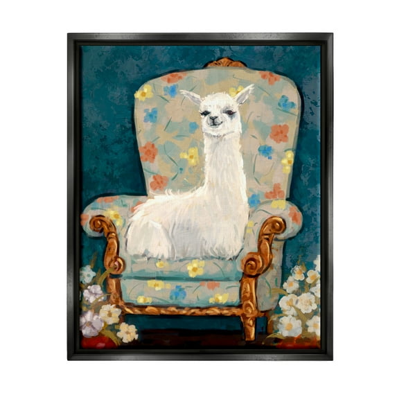 Stupell Industries Llama on Floral Armchair Animals & Insects Painting Black Floater Framed Canvas Art Print Wall Art, 25 x 31
