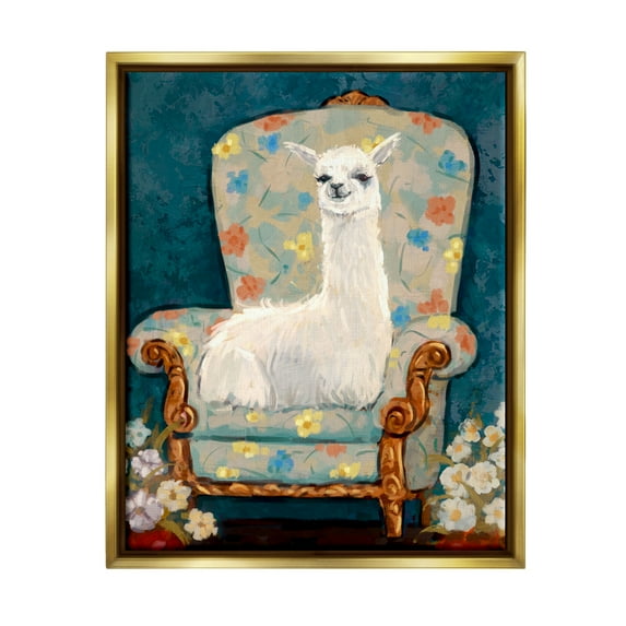 Stupell Industries Llama on Floral Armchair Animals & Insects Painting Gold Floater Framed Canvas Art Print Wall Art, 25 x 31
