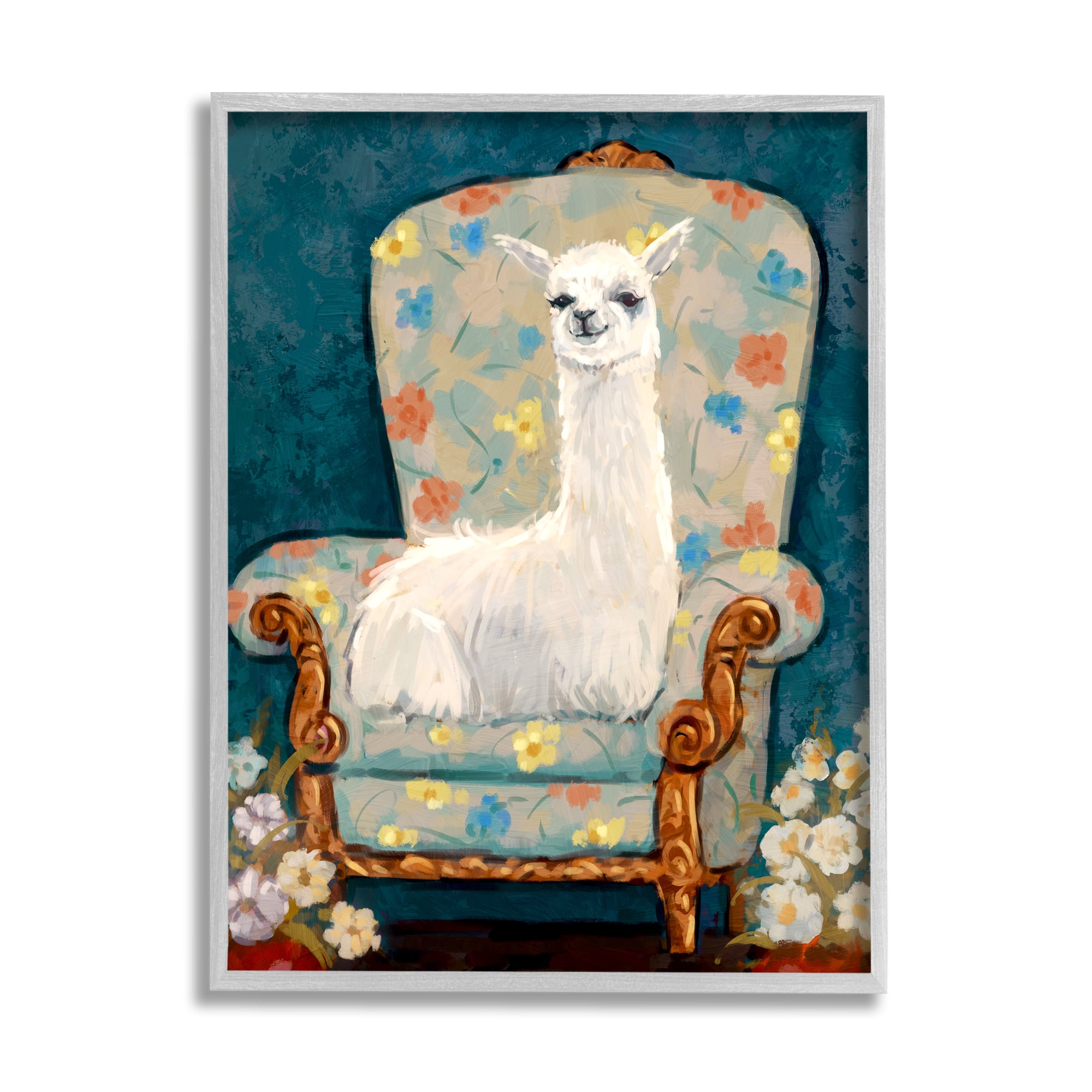 Stupell Industries Llama on Floral Armchair Animals & Insects Painting Gray Framed Art Print Wall Art, 11 x 14