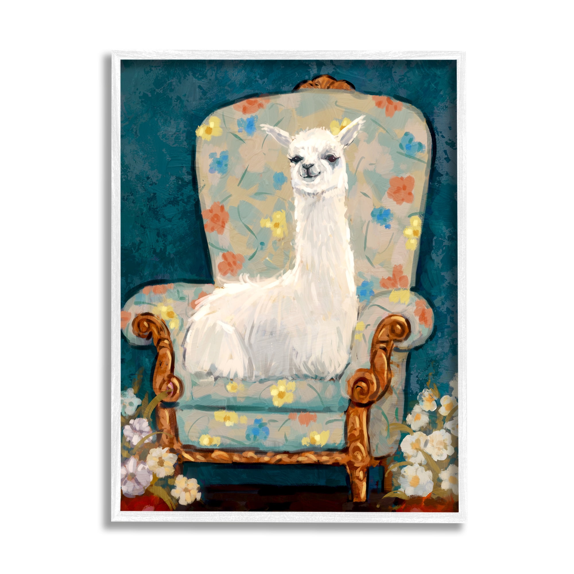 Stupell Industries Llama on Floral Armchair Animals & Insects Painting White Framed Art Print Wall Art, 16 x 20