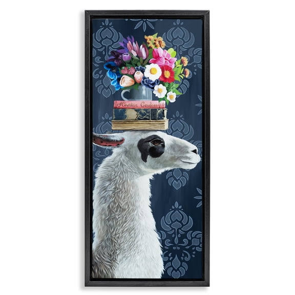 Stupell Industries Llama with Book & Flower Arrangement Animals Painting Black Floater Framed Canvas Art Print Wall Art, 15 x 31