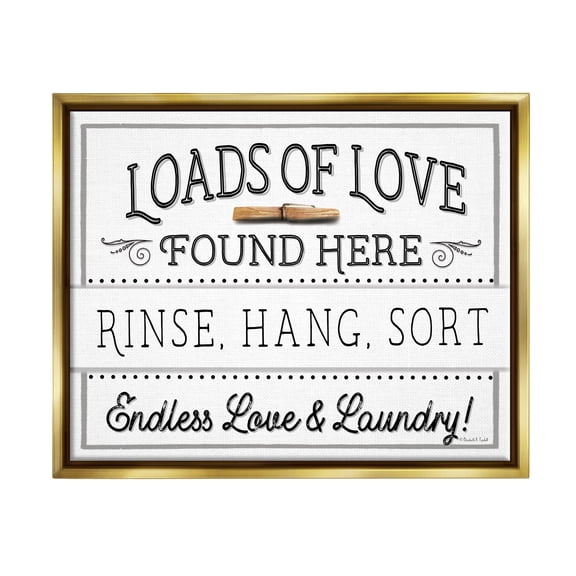 Stupell Industries Loads of Love Laundry Typography Painting Gold Floater Framed Canvas Art Print Wall Art, 21 x 17