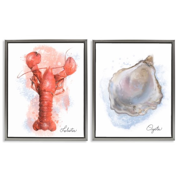 Stupell Industries Lobster & Oyster Coastal Seafood 2 Piece Gray Framed Floater Canvas Set design by Matthew Piotrowicz, 31 x 25