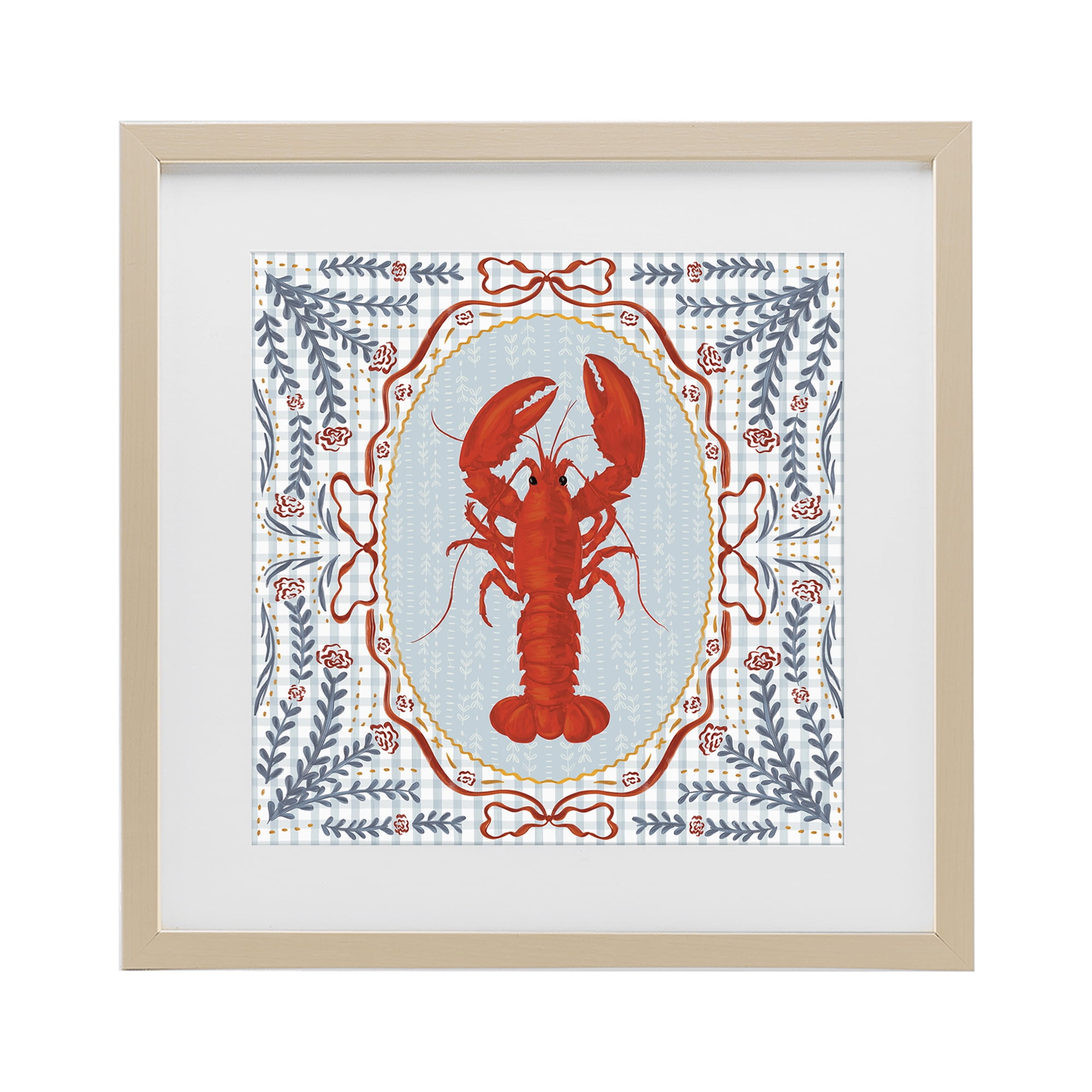 Stupell Industries Lobster Portrait Blue Gingham Birch Framed Print Under Glass, design by Vero Illustrates