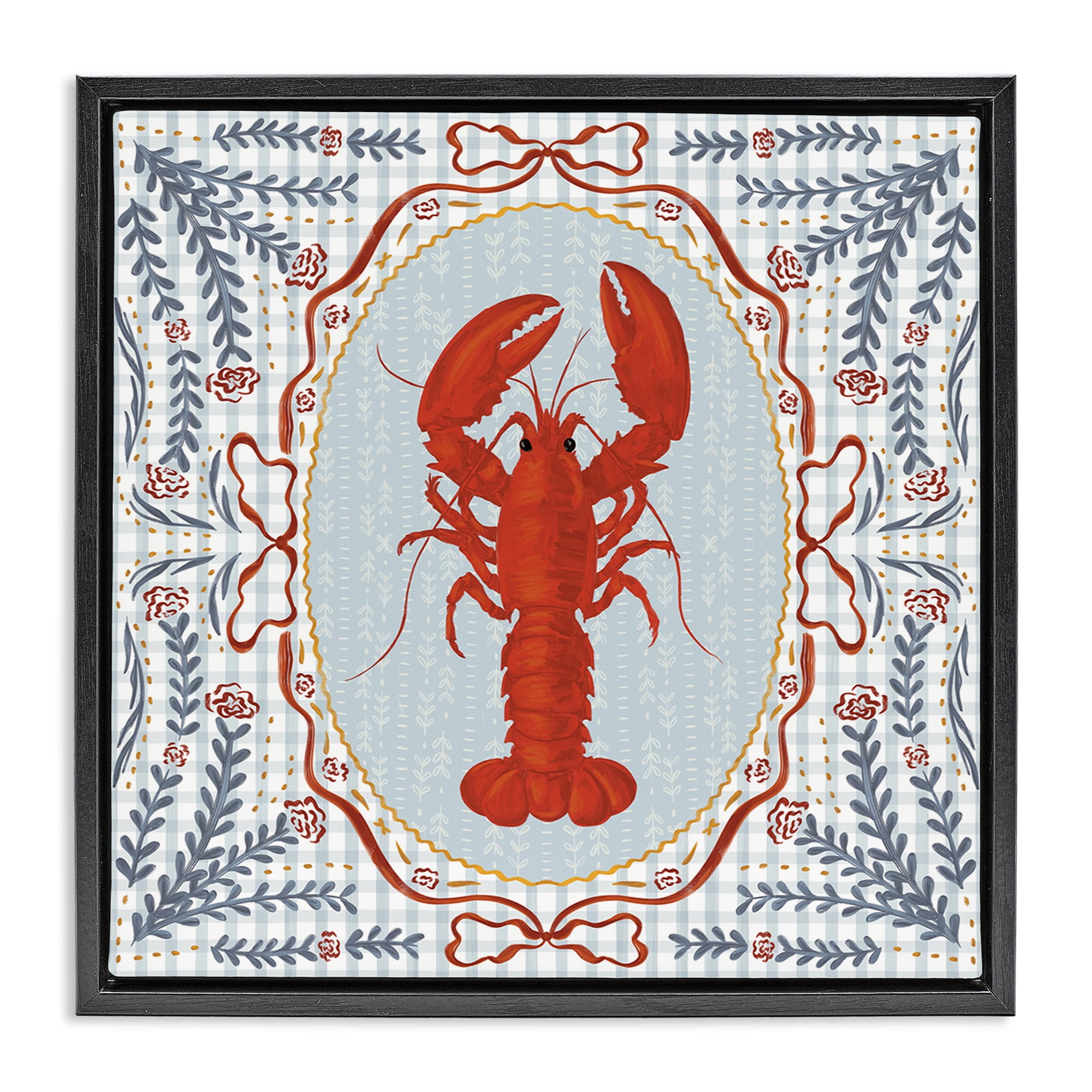 Stupell Industries Lobster Portrait Blue Gingham Black Framed Floater Canvas Wall Art, design by Vero Illustrates
