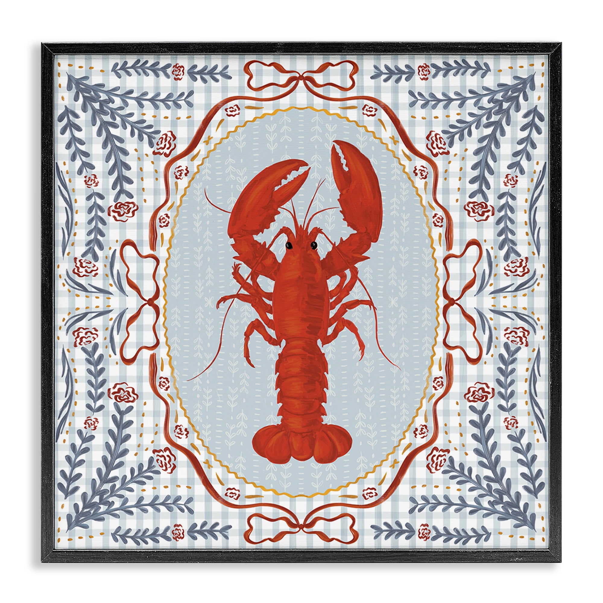Stupell Industries Lobster Portrait Blue Gingham Black Framed Giclee Art, design by Vero Illustrates