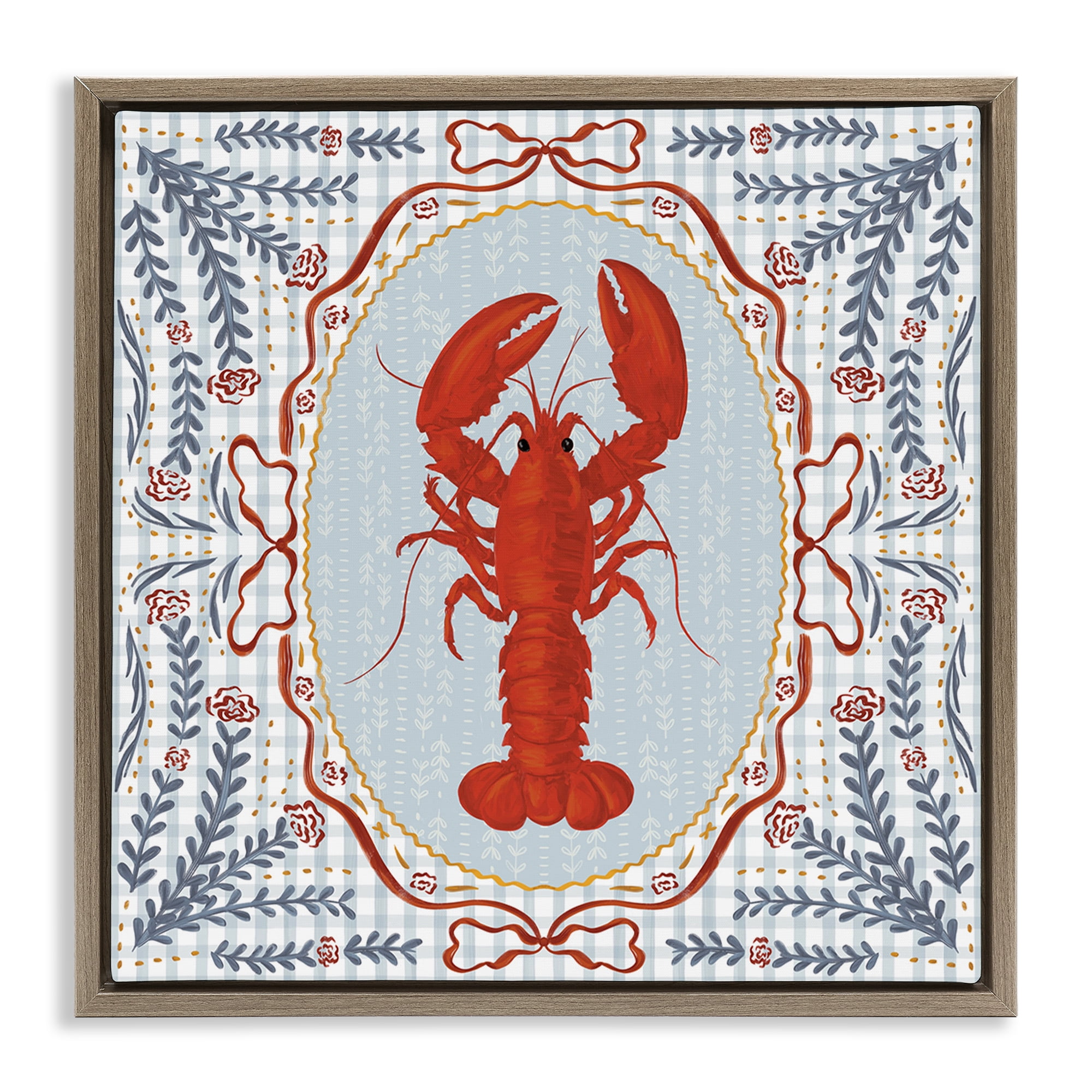 Stupell Industries Lobster Portrait Blue Gingham Brown Framed Floater Canvas Wall Art, design by Vero Illustrates