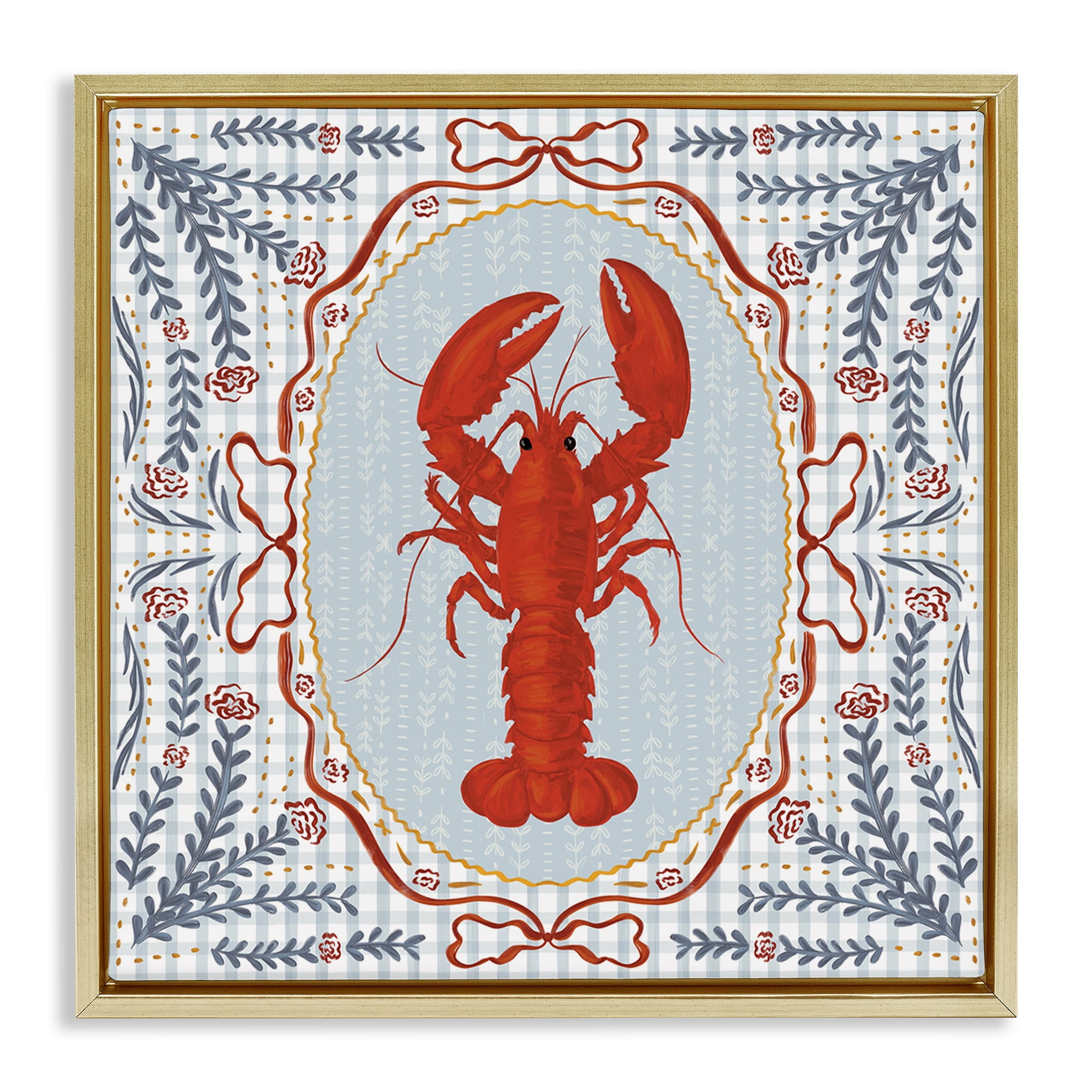 Stupell Industries Lobster Portrait Blue Gingham Gold Framed Floater Canvas Wall Art, design by Vero Illustrates