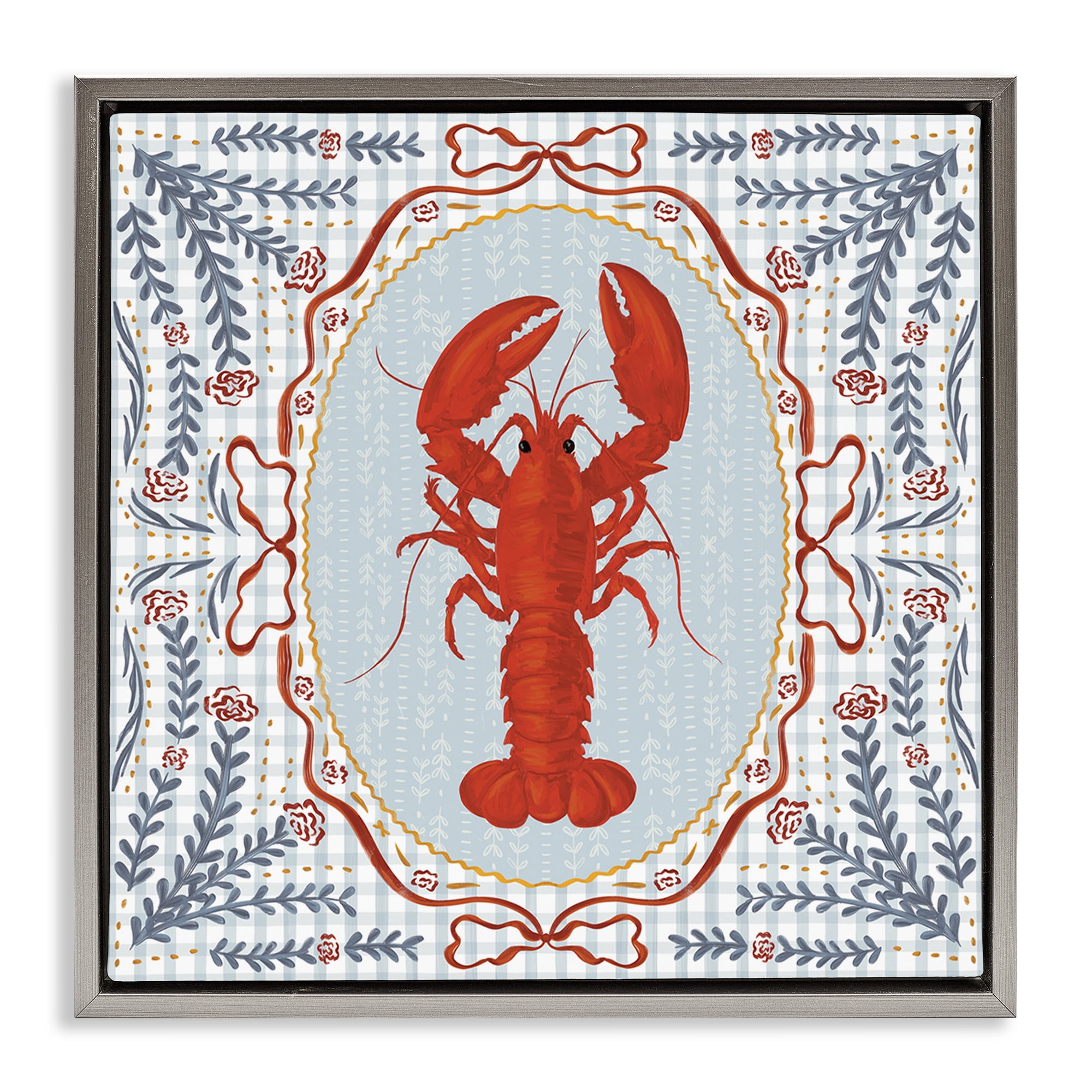 Stupell Industries Lobster Portrait Blue Gingham Gray Framed Floater Canvas Wall Art, design by Vero Illustrates