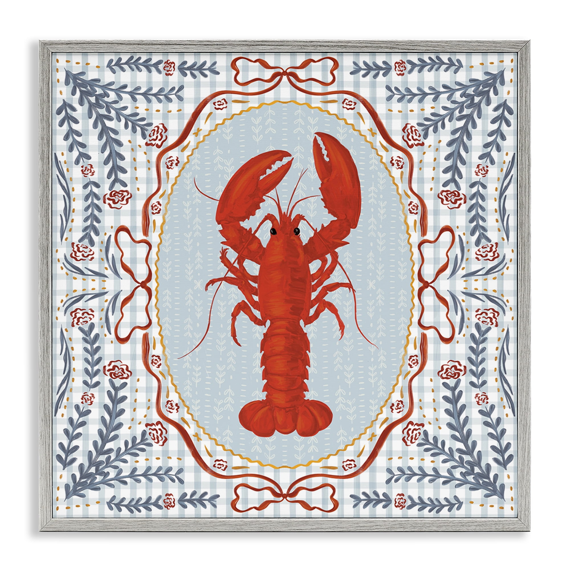 Stupell Industries Lobster Portrait Blue Gingham Gray Framed Giclee Art, design by Vero Illustrates