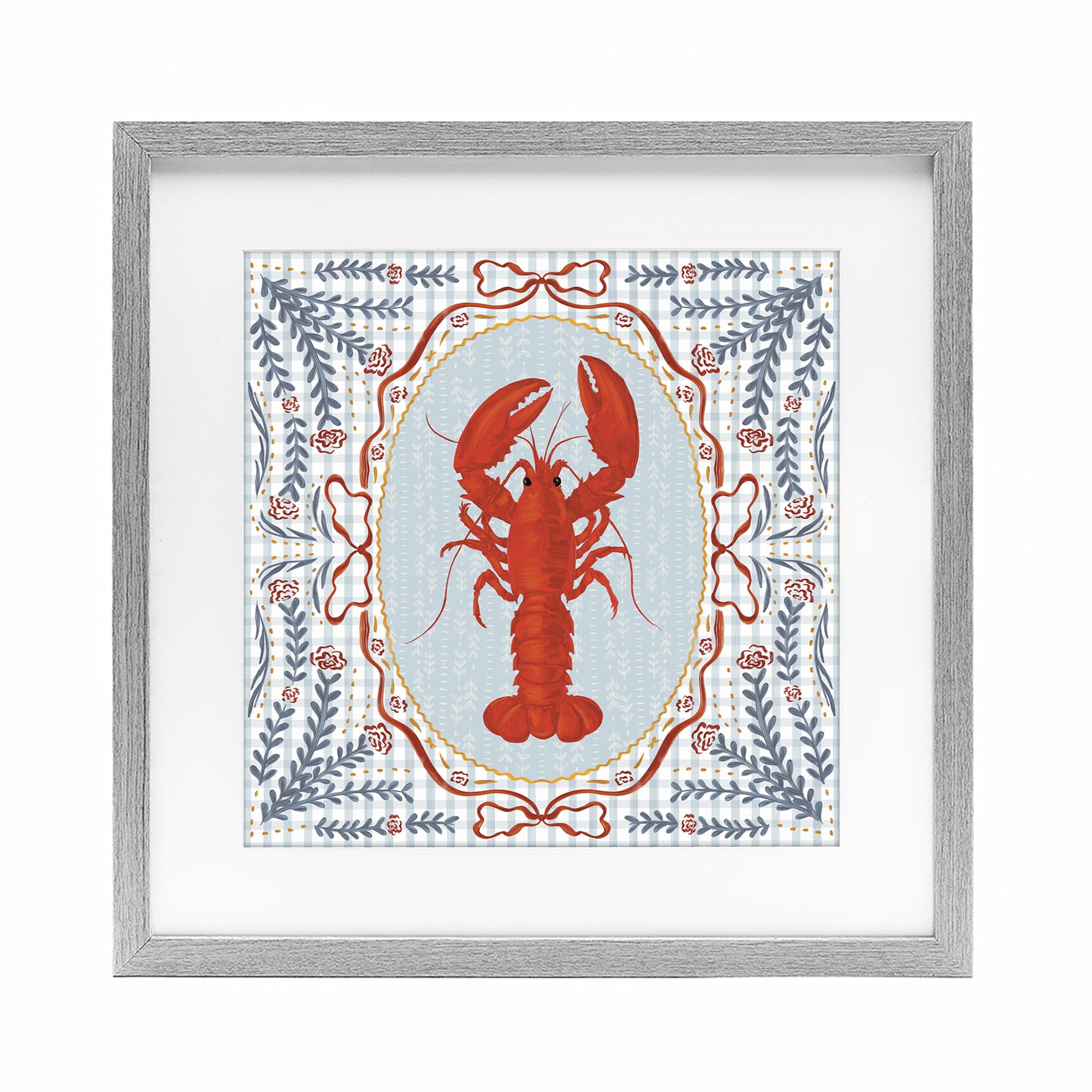 Stupell Industries Lobster Portrait Blue Gingham Gray Framed Print Under Glass, design by Vero Illustrates
