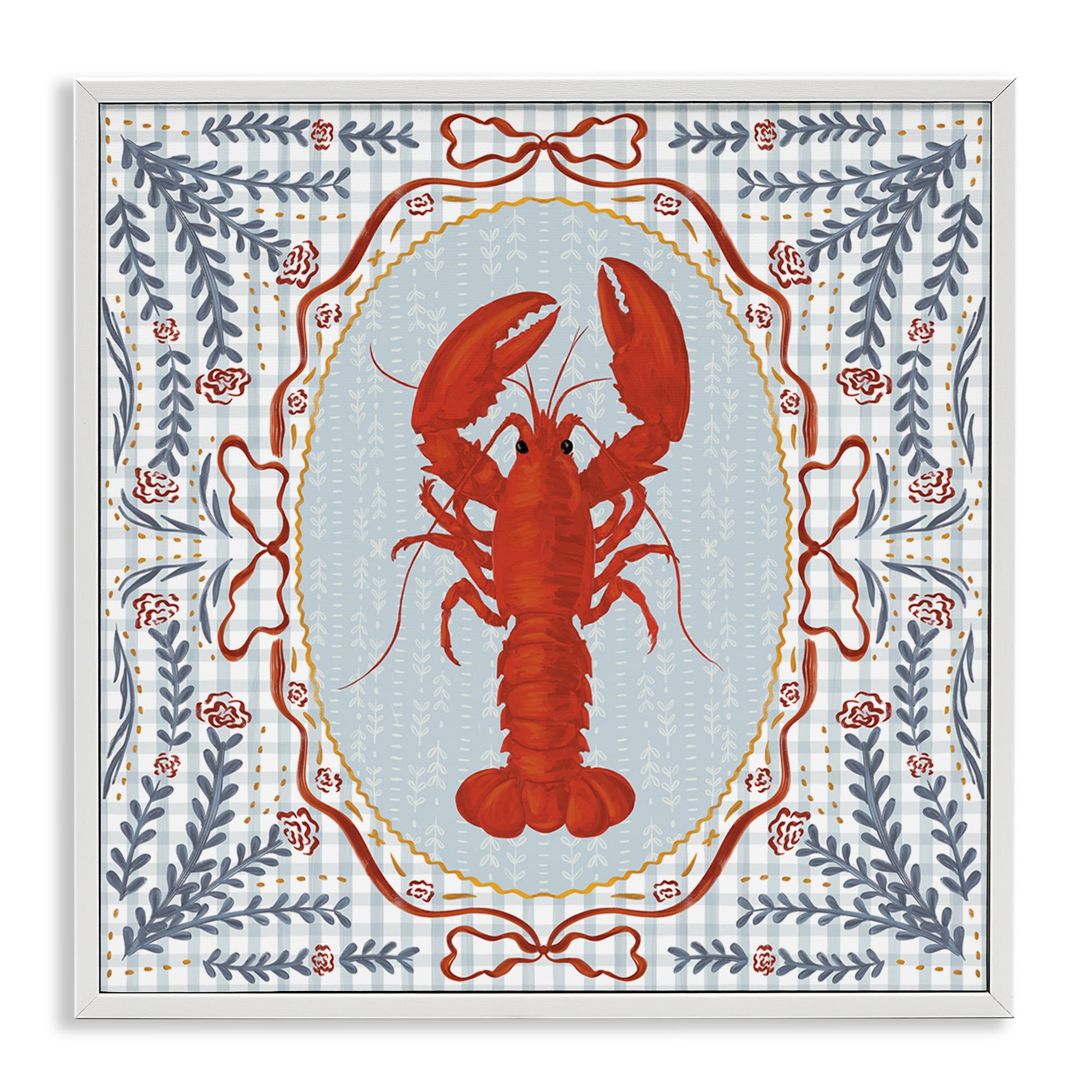 Stupell Industries Lobster Portrait Blue Gingham White Framed Giclee Art, design by Vero Illustrates