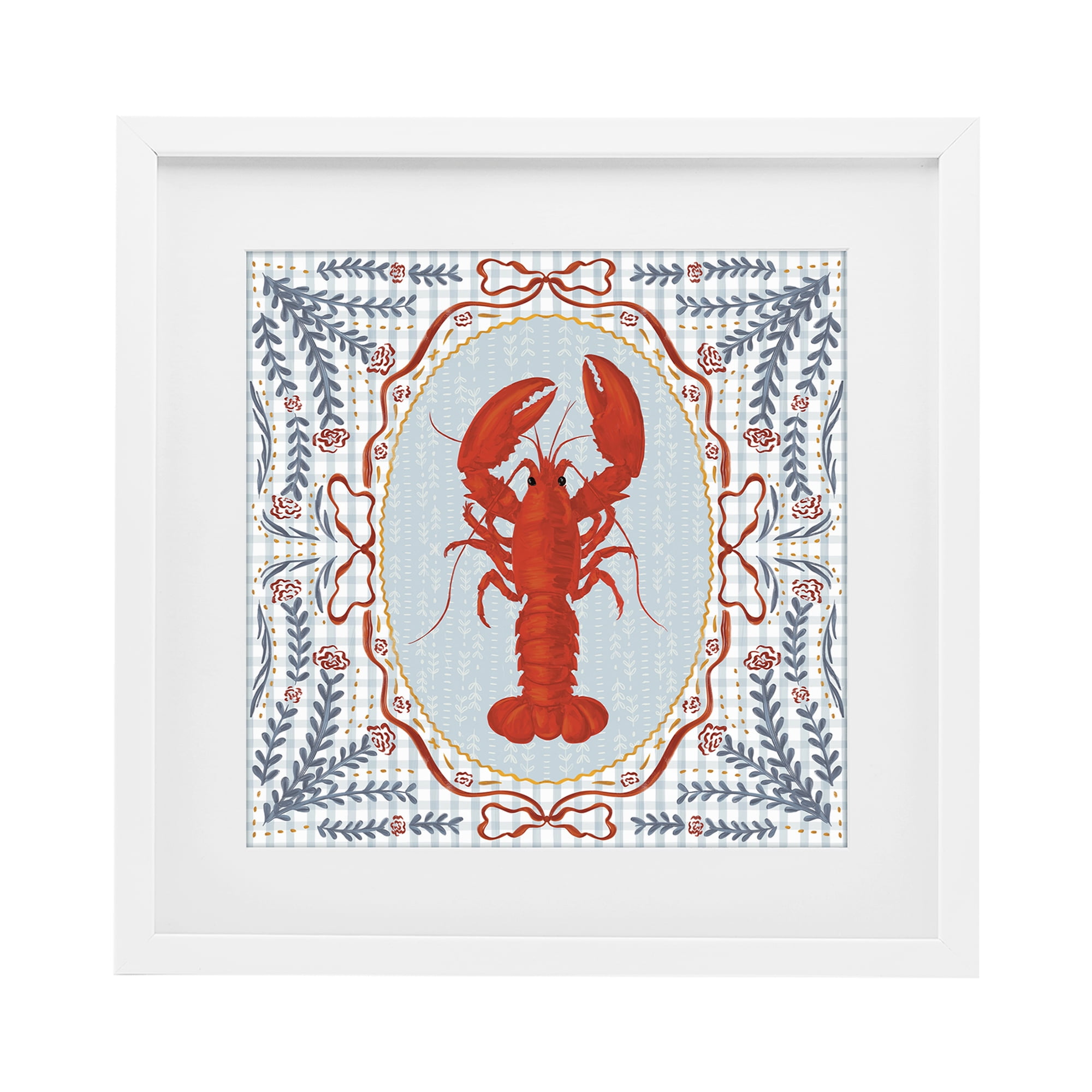 Stupell Industries Lobster Portrait Blue Gingham White Framed Print Under Glass, design by Vero Illustrates