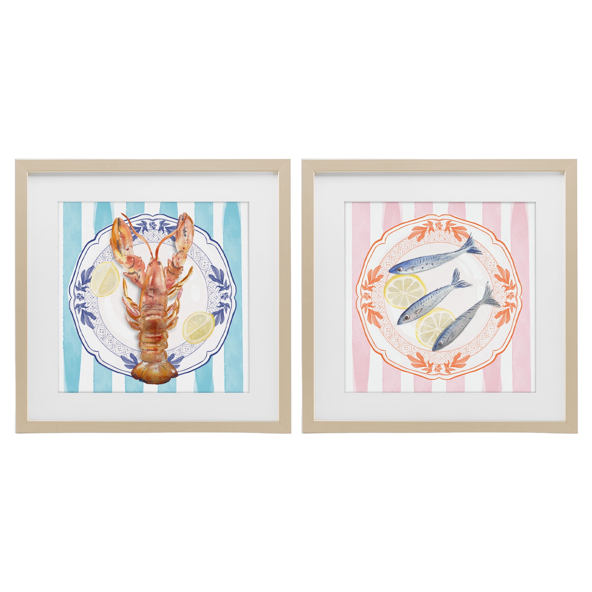 Stupell Industries Lobster & Sardines Plates 2 Piece Birch Framed Print Under Glass Set, design by Christie Adams