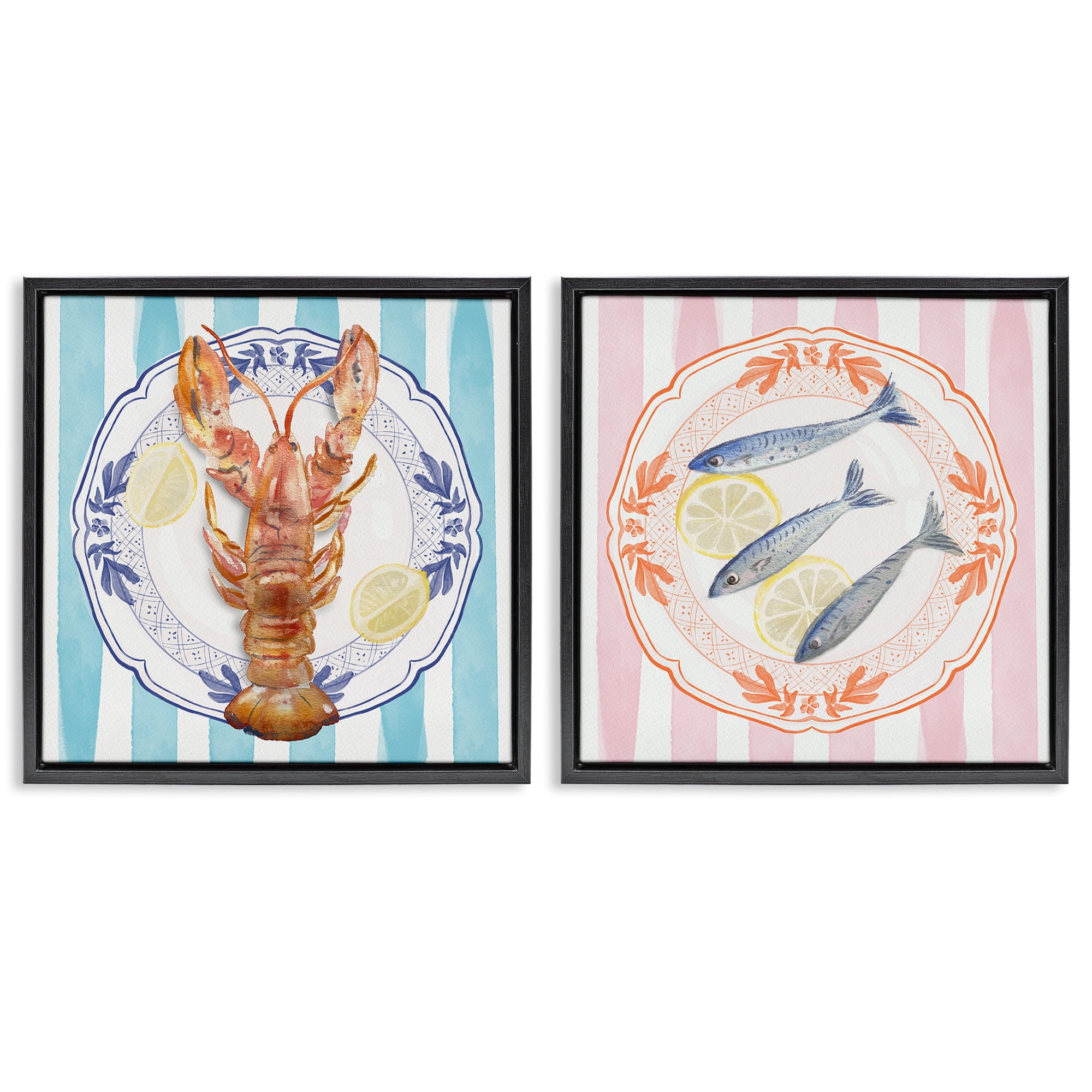 Stupell Industries Lobster & Sardines Plates 2 Piece Black Framed Floater Canvas Set, design by Christie Adams