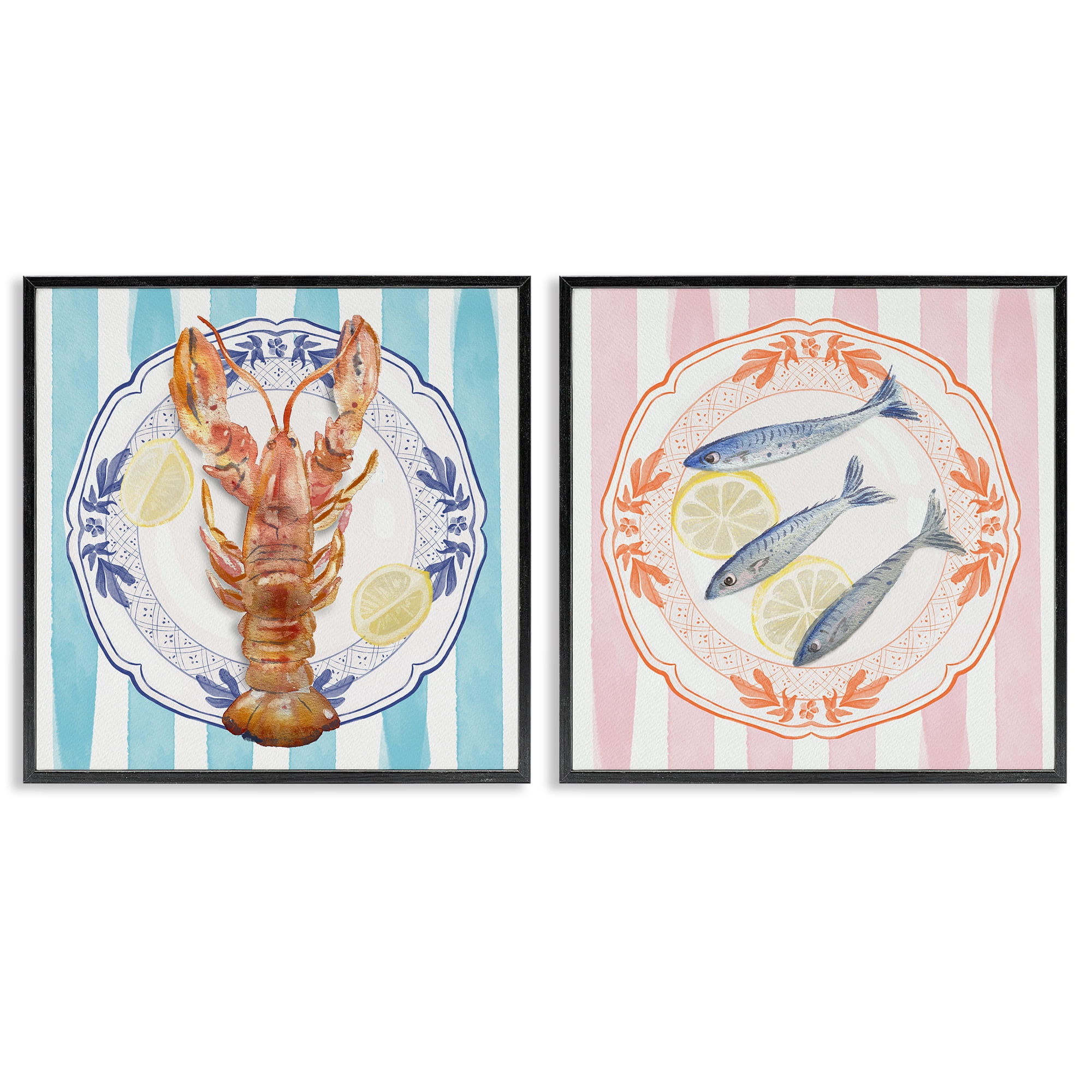 Stupell Industries Lobster & Sardines Plates 2 Piece Black Framed Giclee Art Set, design by Christie Adams