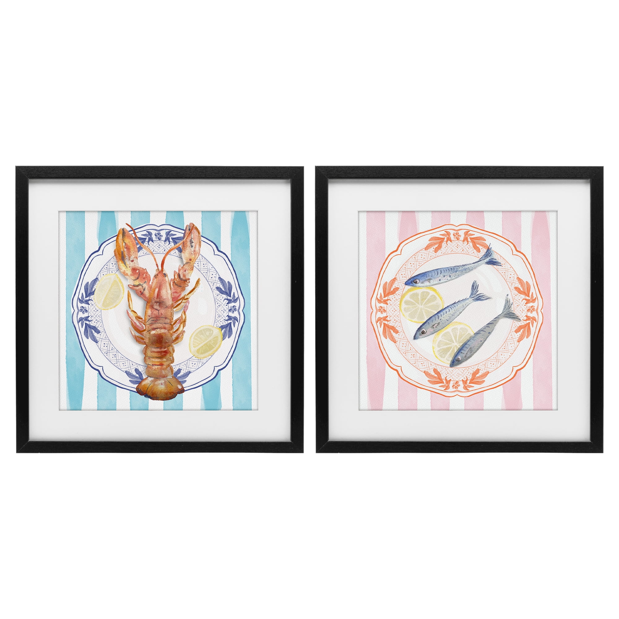 Stupell Industries Lobster & Sardines Plates 2 Piece Black Framed Print Under Glass Set, design by Christie Adams