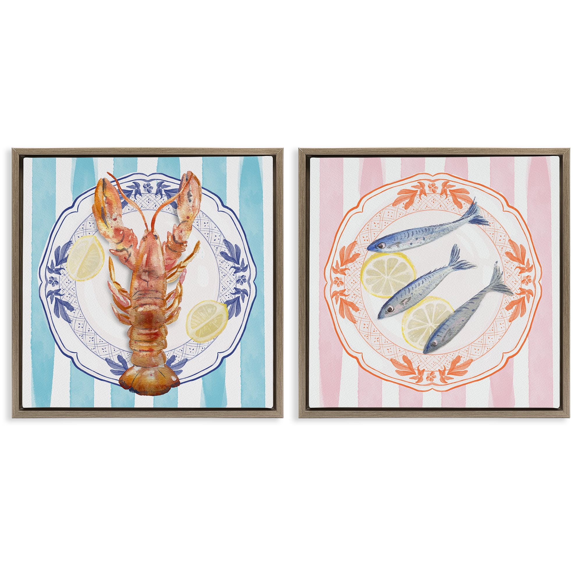 Stupell Industries Lobster & Sardines Plates 2 Piece Brown Framed Floater Canvas Set, design by Christie Adams