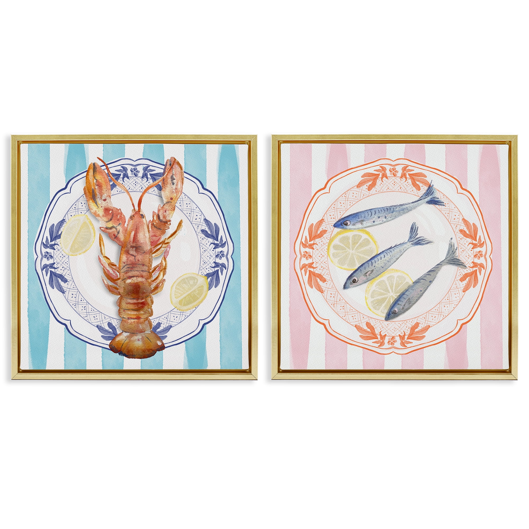 Stupell Industries Lobster & Sardines Plates 2 Piece Gold Framed Floater Canvas Set, design by Christie Adams