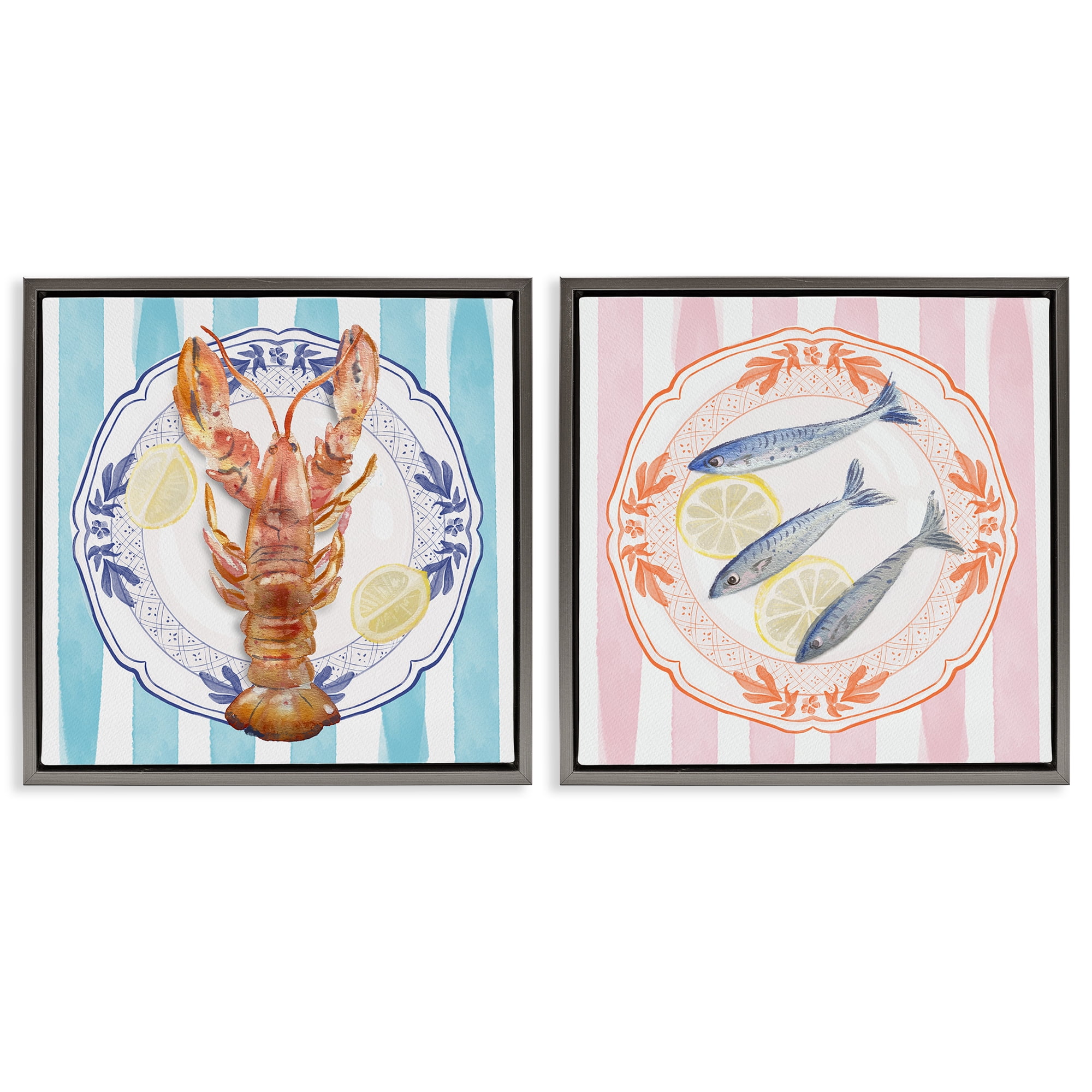 Stupell Industries Lobster & Sardines Plates 2 Piece Gray Framed Floater Canvas Set, design by Christie Adams
