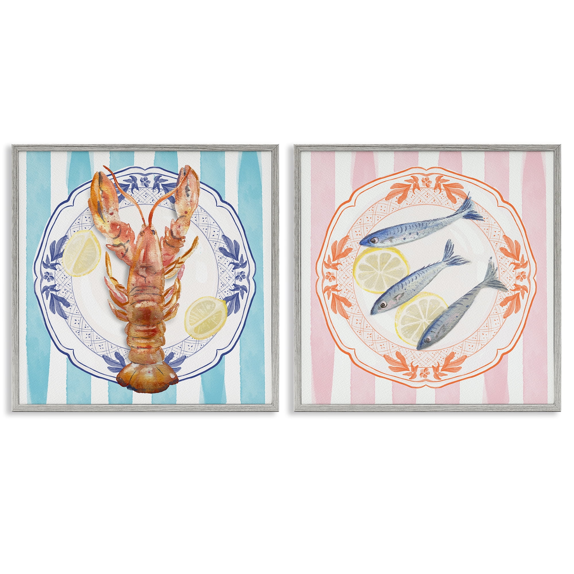 Stupell Industries Lobster & Sardines Plates 2 Piece Gray Framed Giclee Art Set, design by Christie Adams