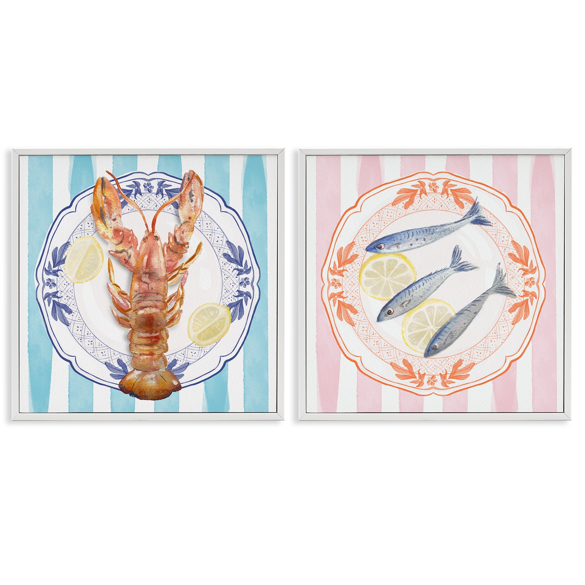 Stupell Industries Lobster & Sardines Plates 2 Piece White Framed Giclee Art Set, design by Christie Adams