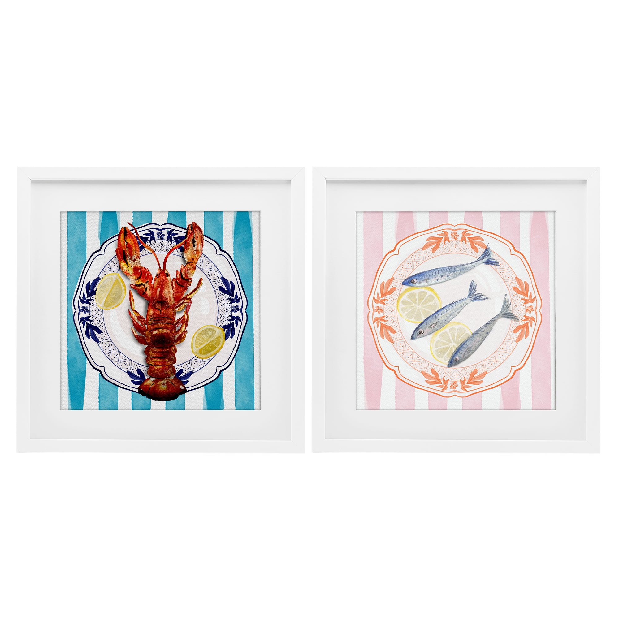 Stupell Industries Lobster & Sardines Plates 2 Piece White Framed Print Under Glass Set, design by Christie Adams