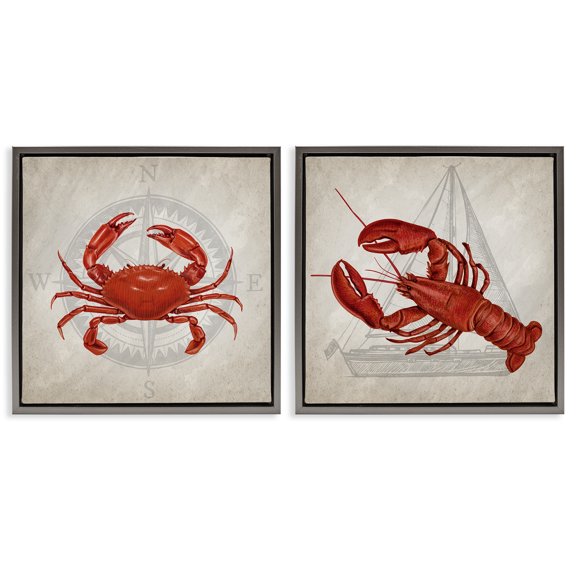 Stupell Industries Lobster and Crab Compass Animals Painting Gray Floater Framed Canvas Art Print Wall Art, 18 x 18, Set of 2