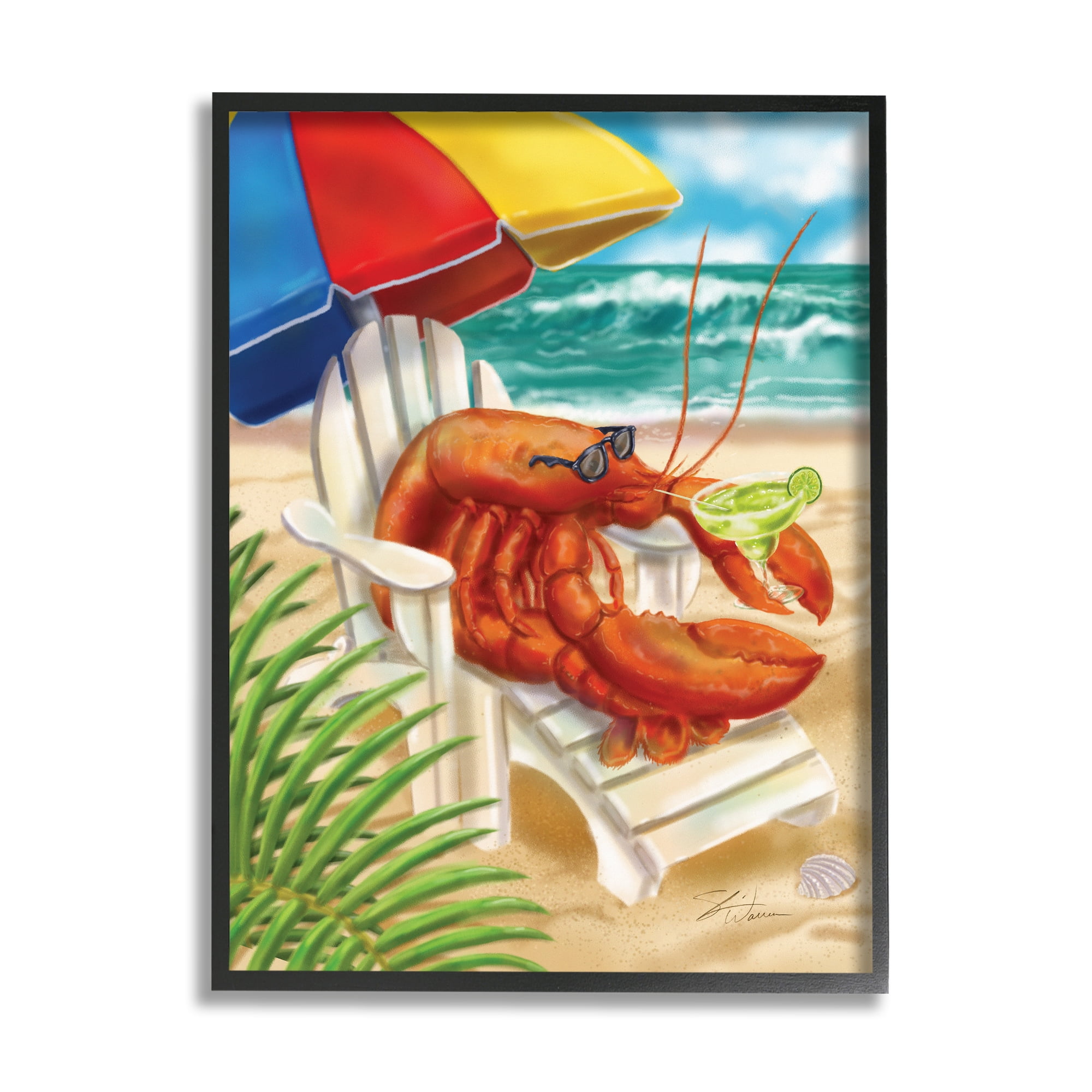 Stupell Industries Lobster in Beach Chair Drinking Margarita Animals & Insects Painting Black Framed Art Print Wall Art, 11 x 14
