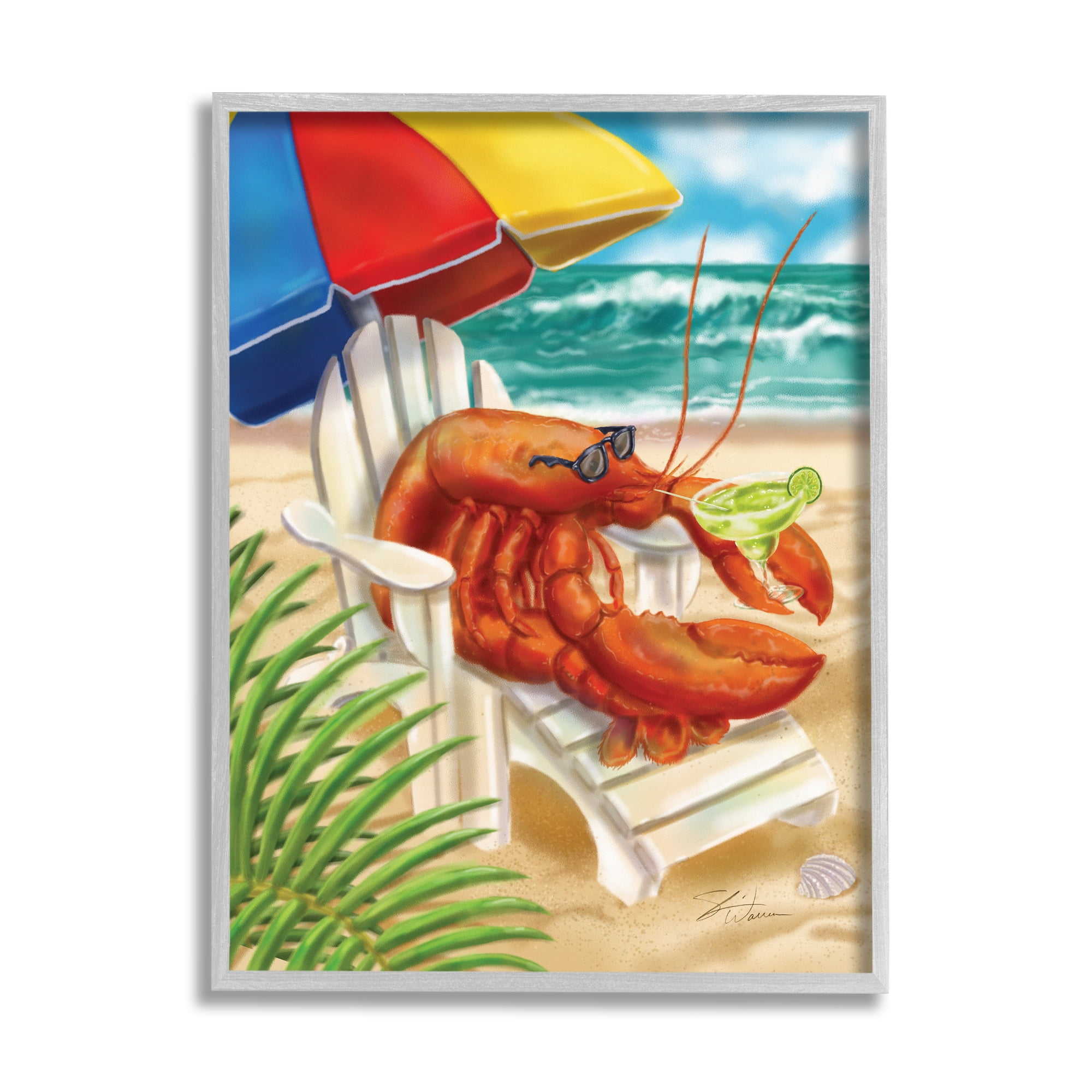 Stupell Industries Lobster in Beach Chair Drinking Margarita Animals & Insects Painting Gray Framed Art Print Wall Art, 11 x 14