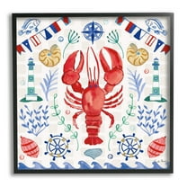 Stupell Industries Lobster on Nautical Pattern Animals & Insects Painting Black Framed Art Print Wall Art, 12 x 12