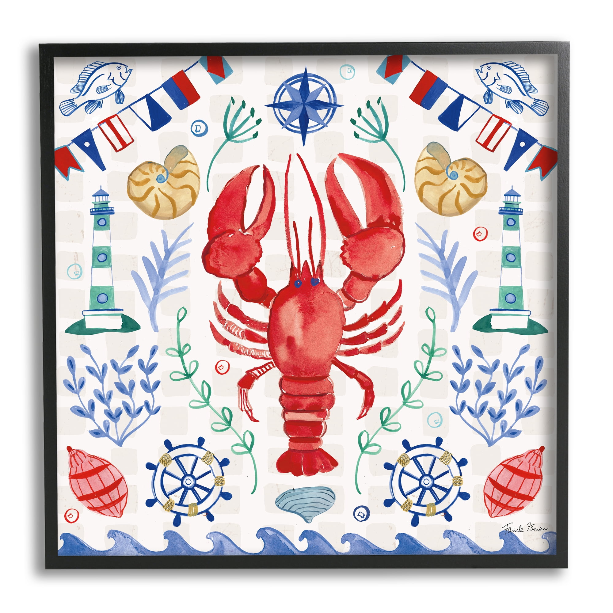 Stupell Industries Lobster on Nautical Pattern Animals & Insects Painting Black Framed Art Print Wall Art, 24 x 24