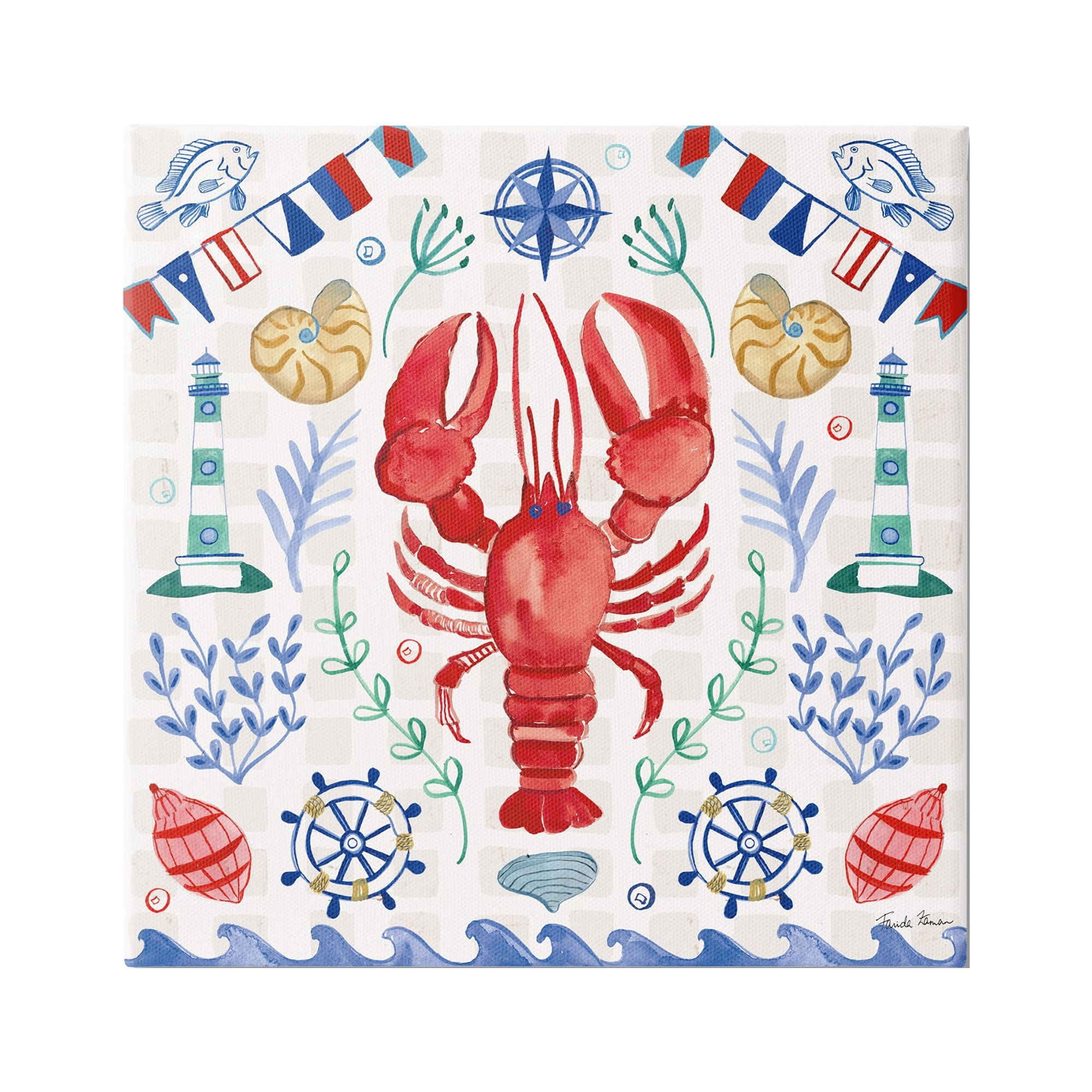 Stupell Industries Lobster on Nautical Pattern Animals & Insects Painting Gallery Wrapped Canvas Print Wall Art, 24 x 24