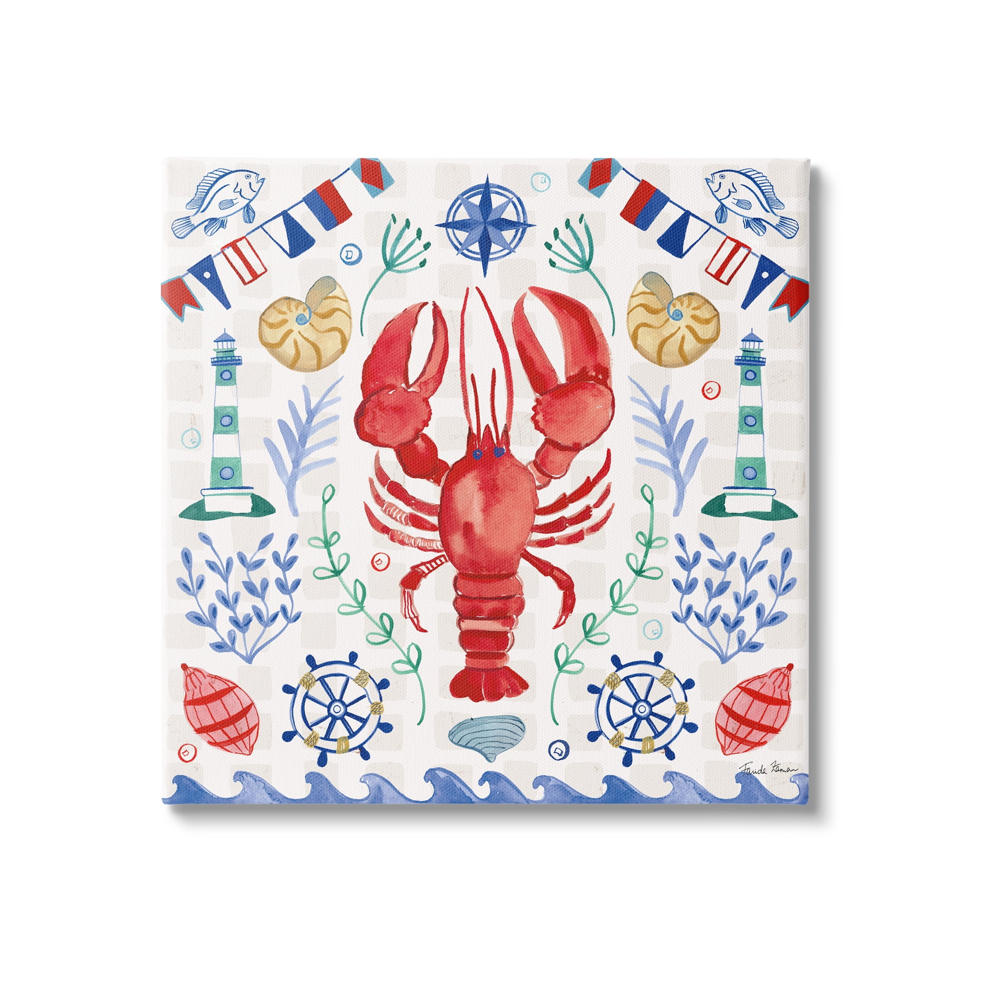 Stupell Industries Lobster on Nautical Pattern Animals & Insects Painting Gallery Wrapped Canvas Print Wall Art, 36 x 36